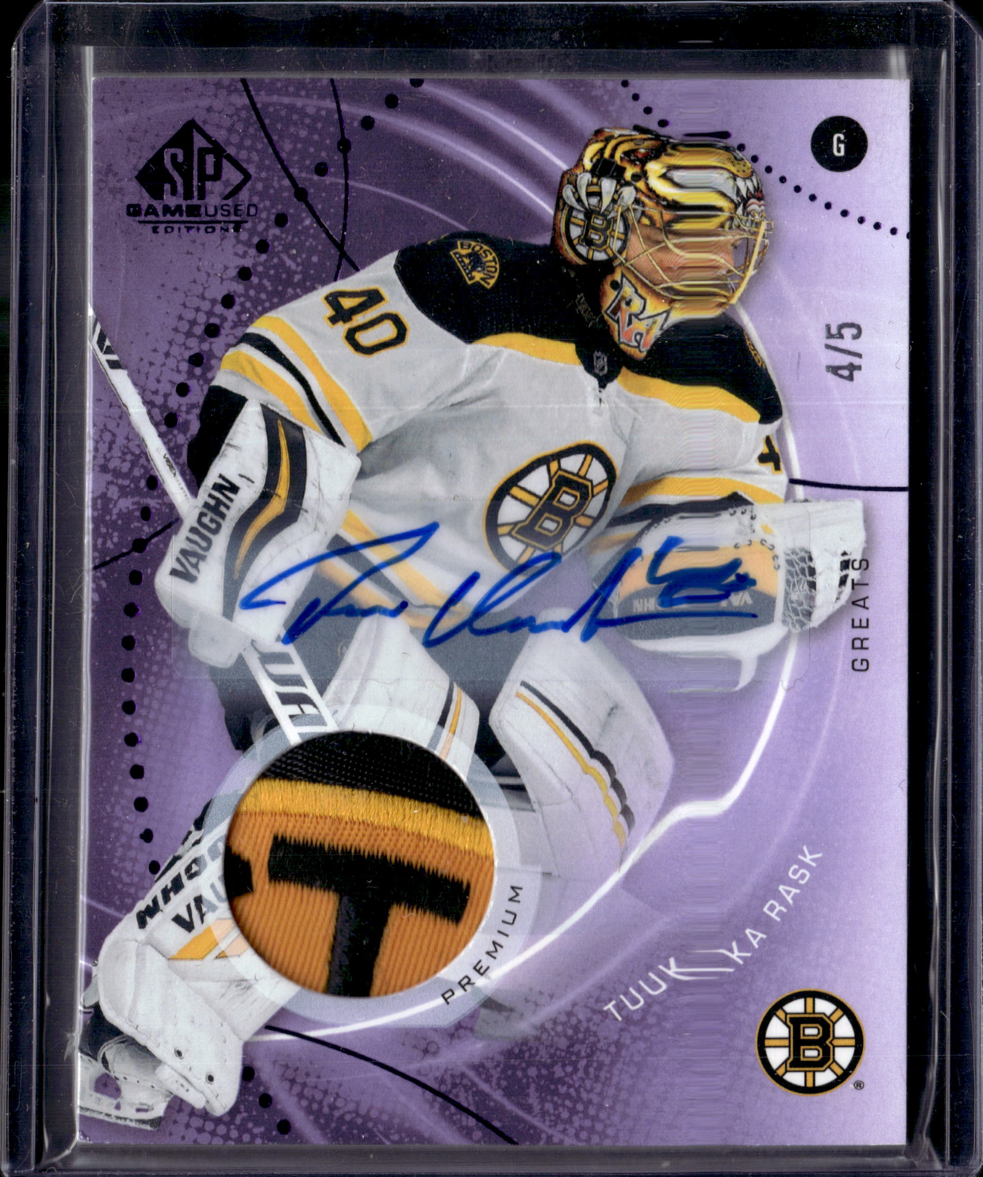 2025-26 SP Game Used Tuukka Rask Purple Autograph Premium Mem. /5