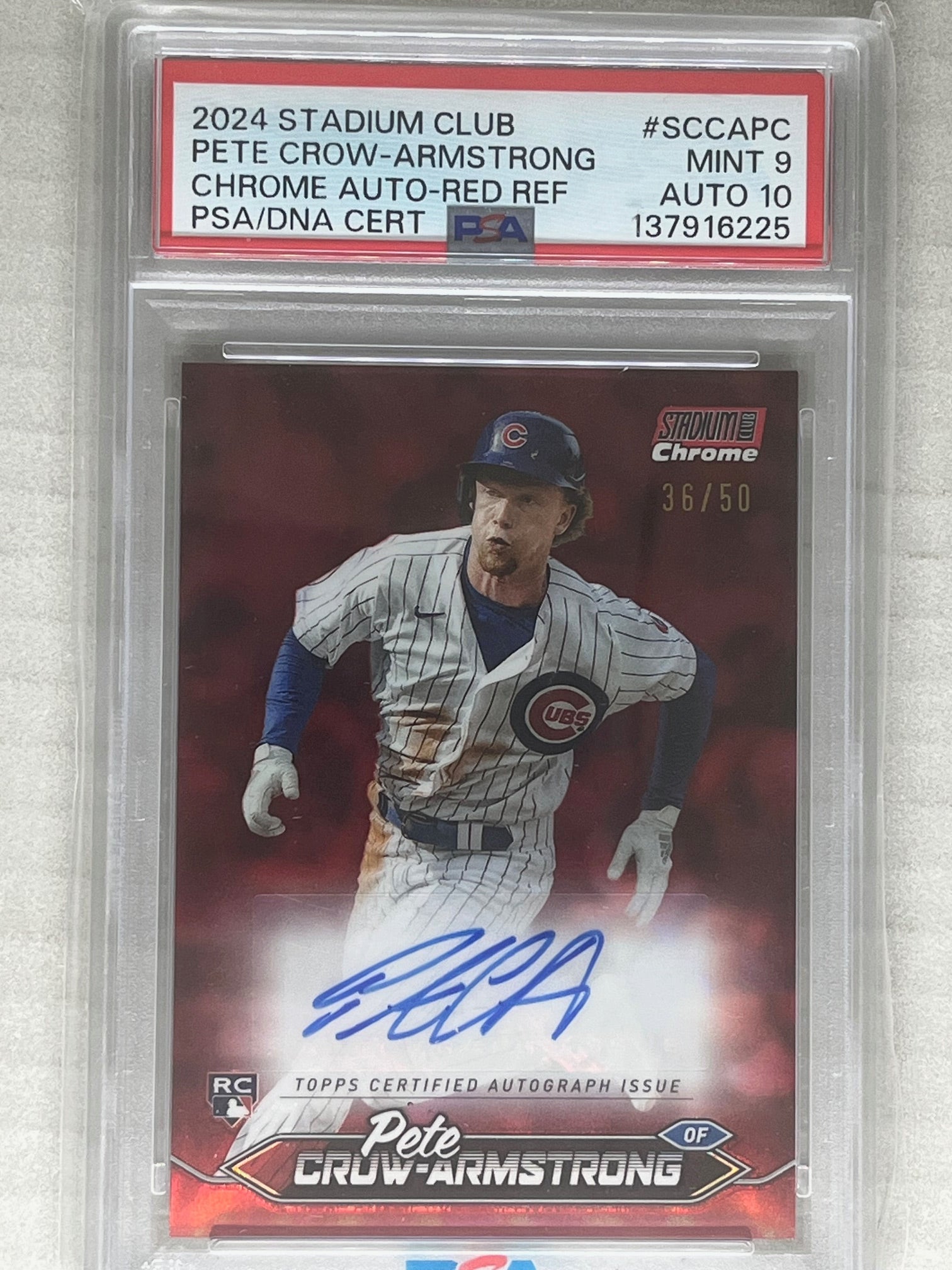 2024 Stadium Club Pete Crow-Armstrong Chrome Auto RC Red Refractor /50 PSA 9 Auto 10