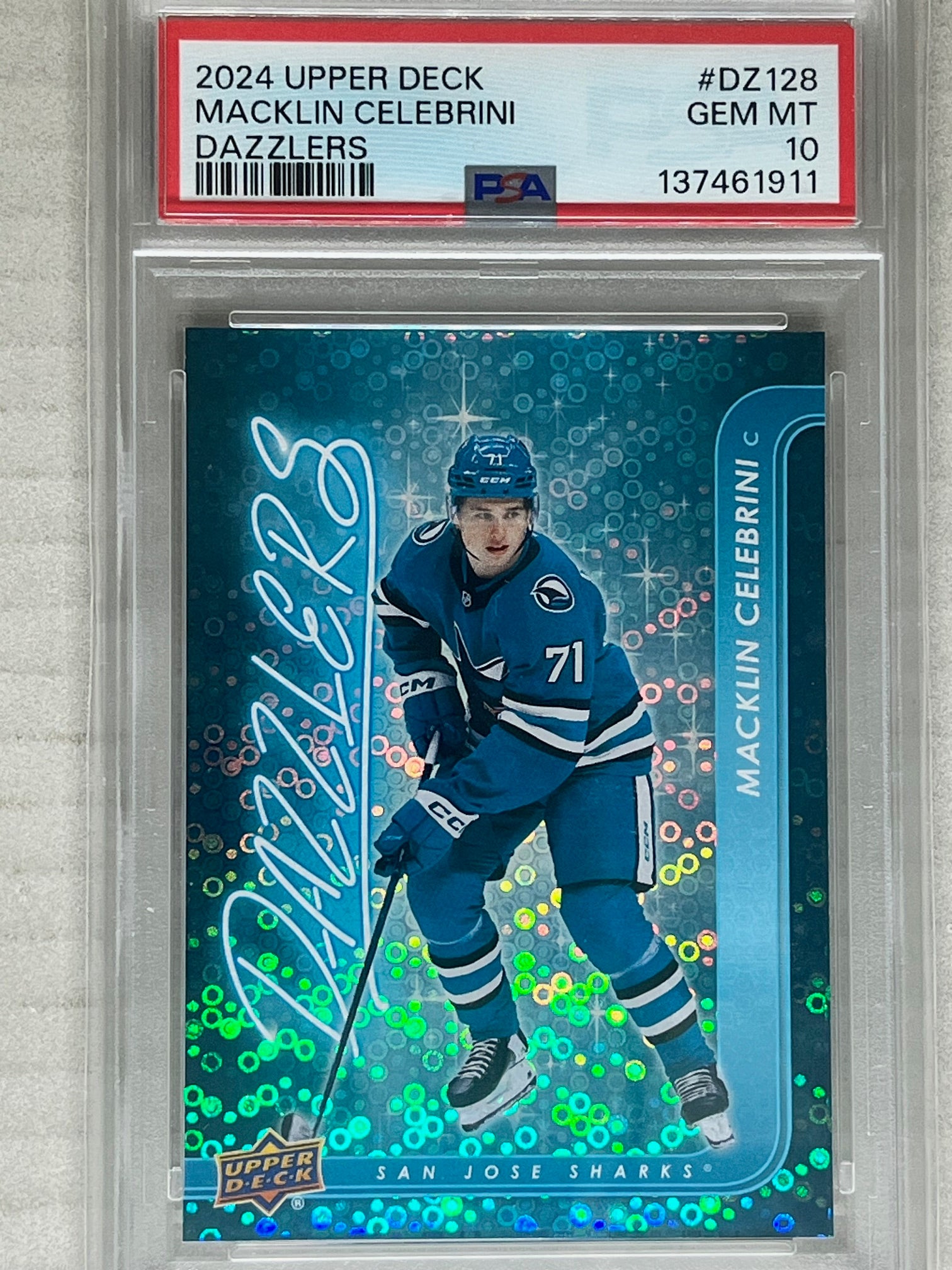 2024-25 Upper Deck Dazzlers Blue Macklin Celebrini DZ-128 PSA 10