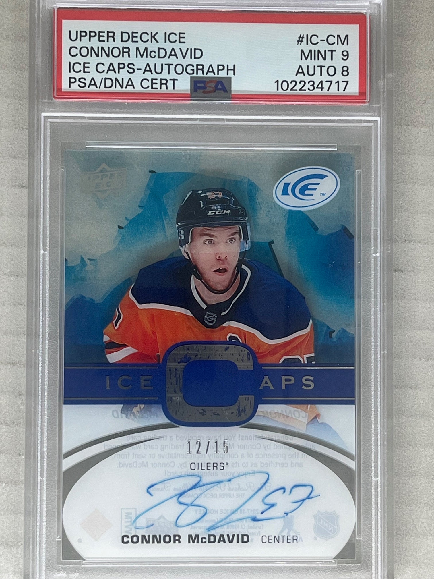 2017-18 Upper Deck Ice Ice Caps Auto Connor McDavid /15 PSA 9