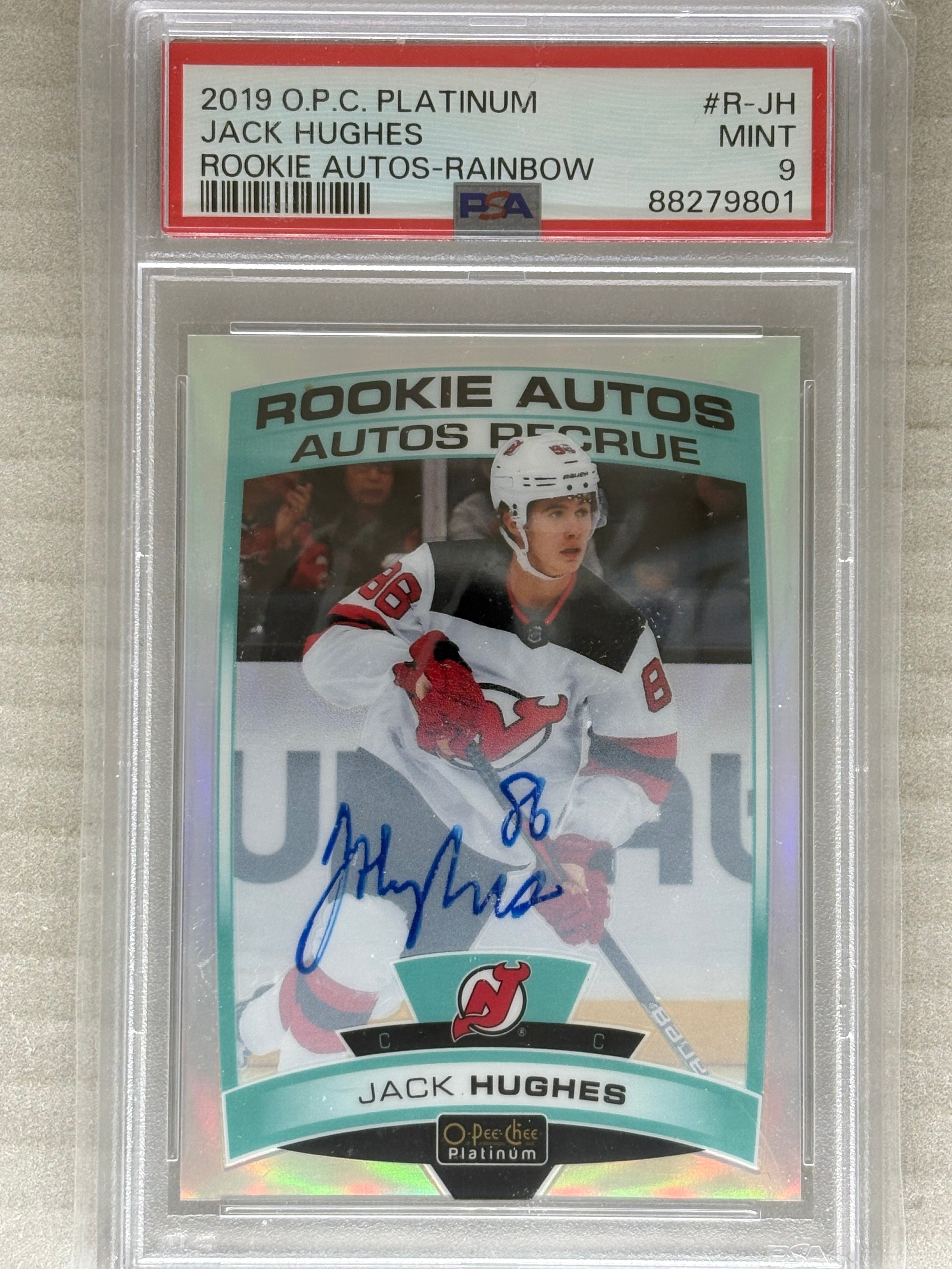 2019-20 OPC Platinum Jack Hughes Rookie Autos Rainbow #R-JH PSA 9