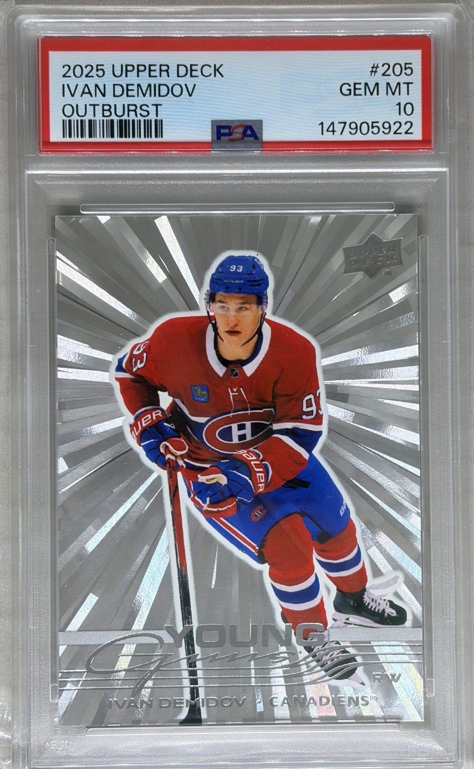 2025-26 Upper Deck Series 1 Ivan Demidov Young Guns Silver Outburst PSA 10