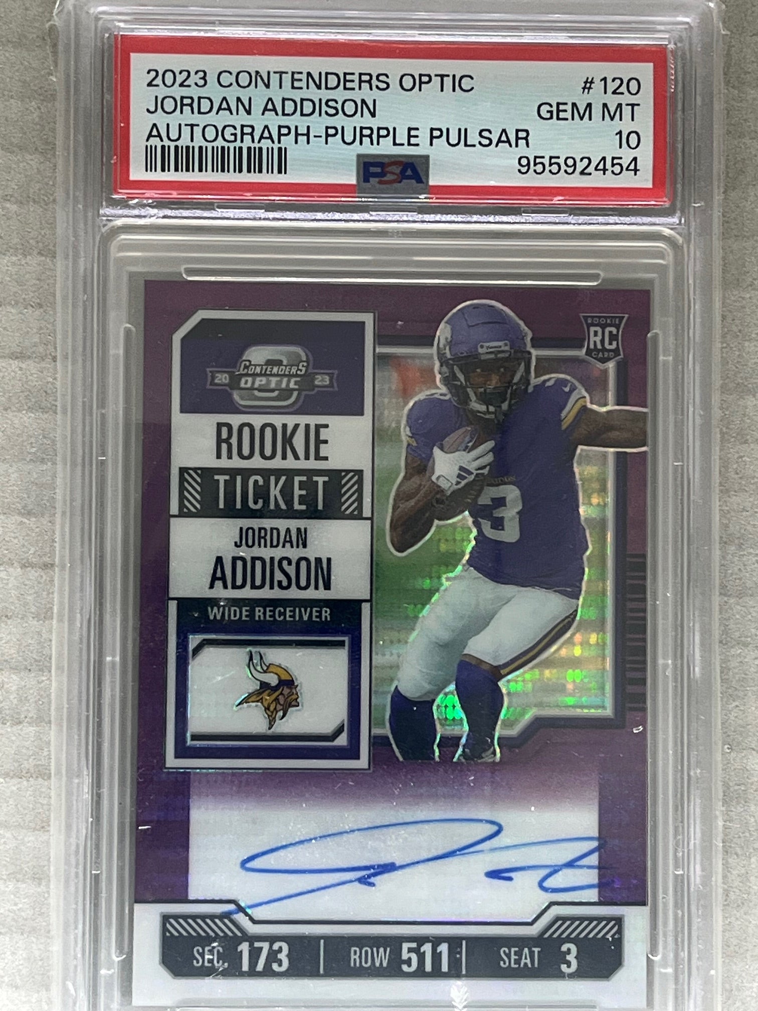 2023 Panini Contenders Optic Jordan Addison Purple Pulsar Auto #120 PSA 10