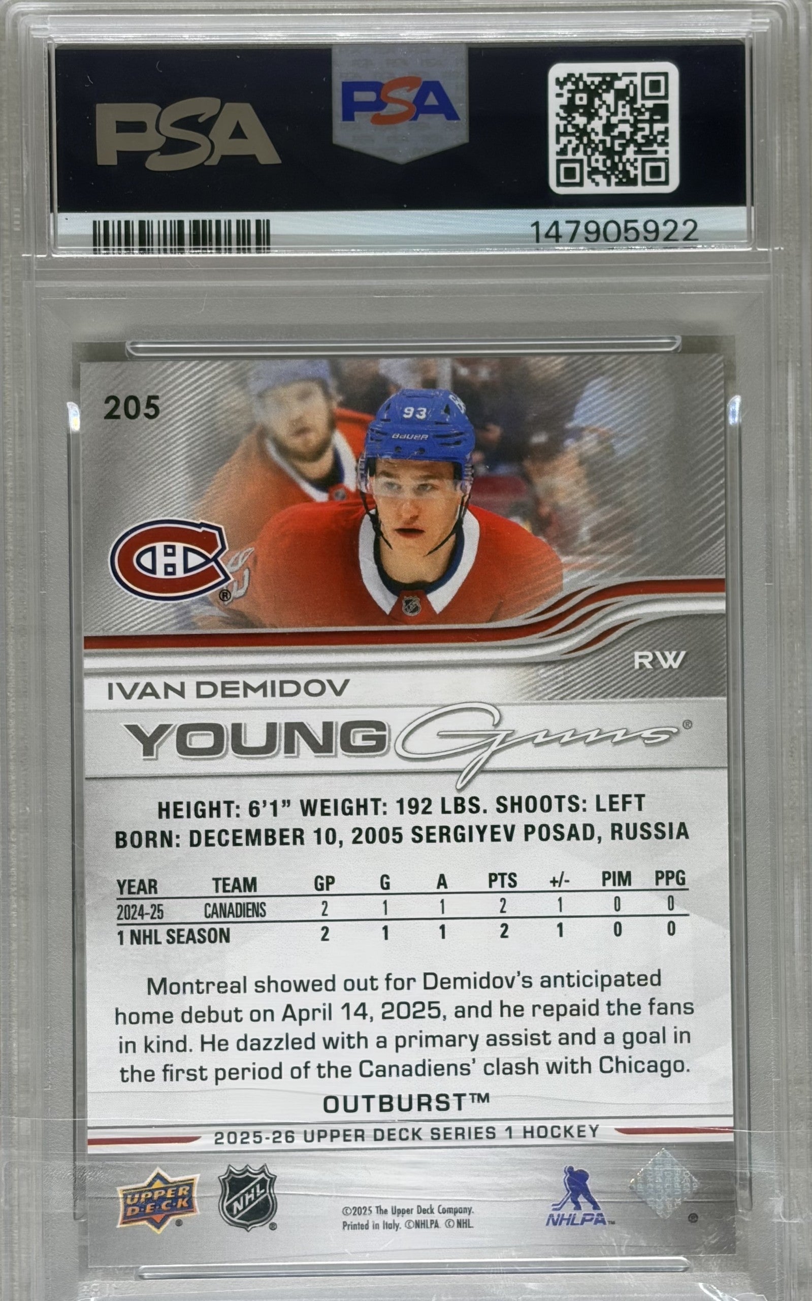 2025-26 Upper Deck Series 1 Ivan Demidov Young Guns Silver Outburst PSA 10