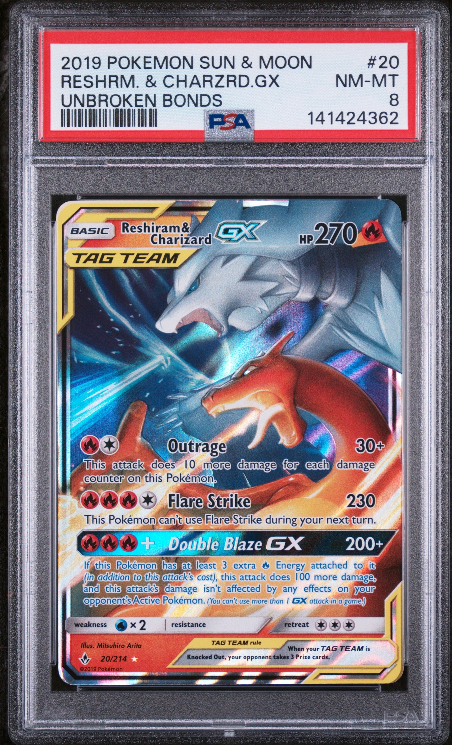 2019 Unbroken Bonds Tag Team Reshiram & Charizard GX PSA 8