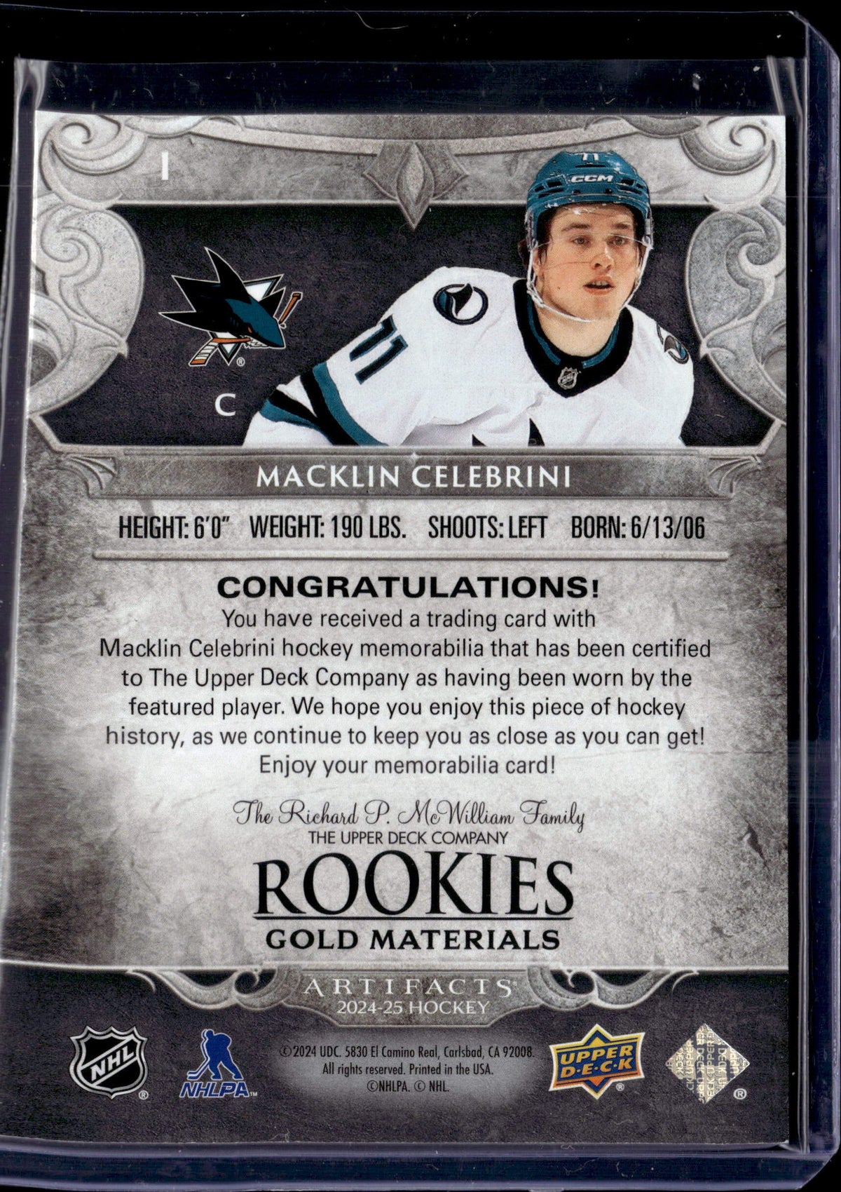 2024-25 Upper Deck Artifacts Macklin Celebrini Rookie Gold Materials Relic #/399