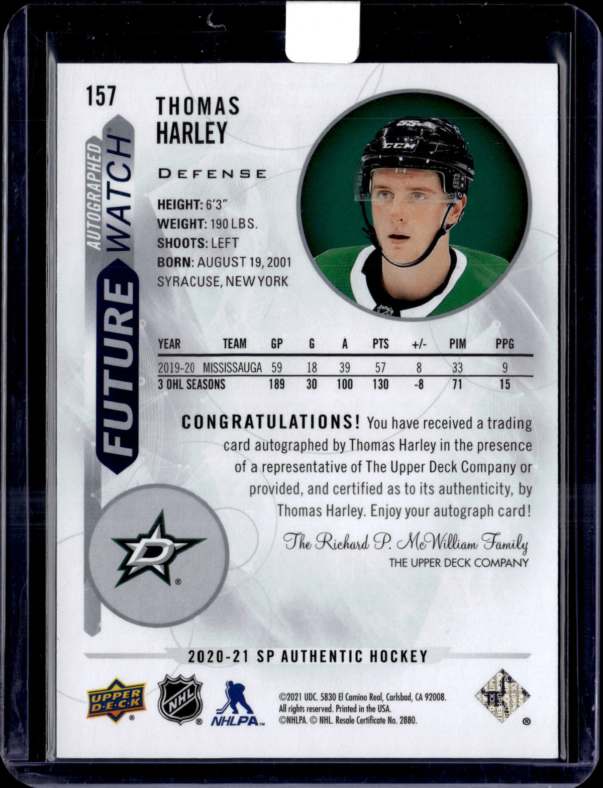2020-21 SP Authentic Future Watch Auto Thomas Harley /999 #157