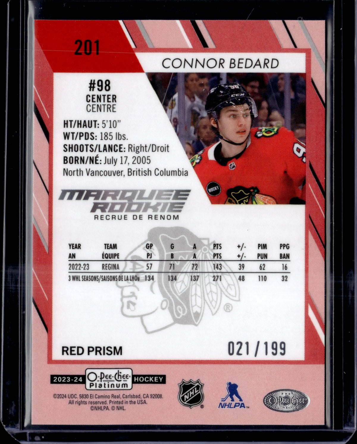 2023-24 OPC Platinum Marquee Rookie Connor Bedard Red Prism /199