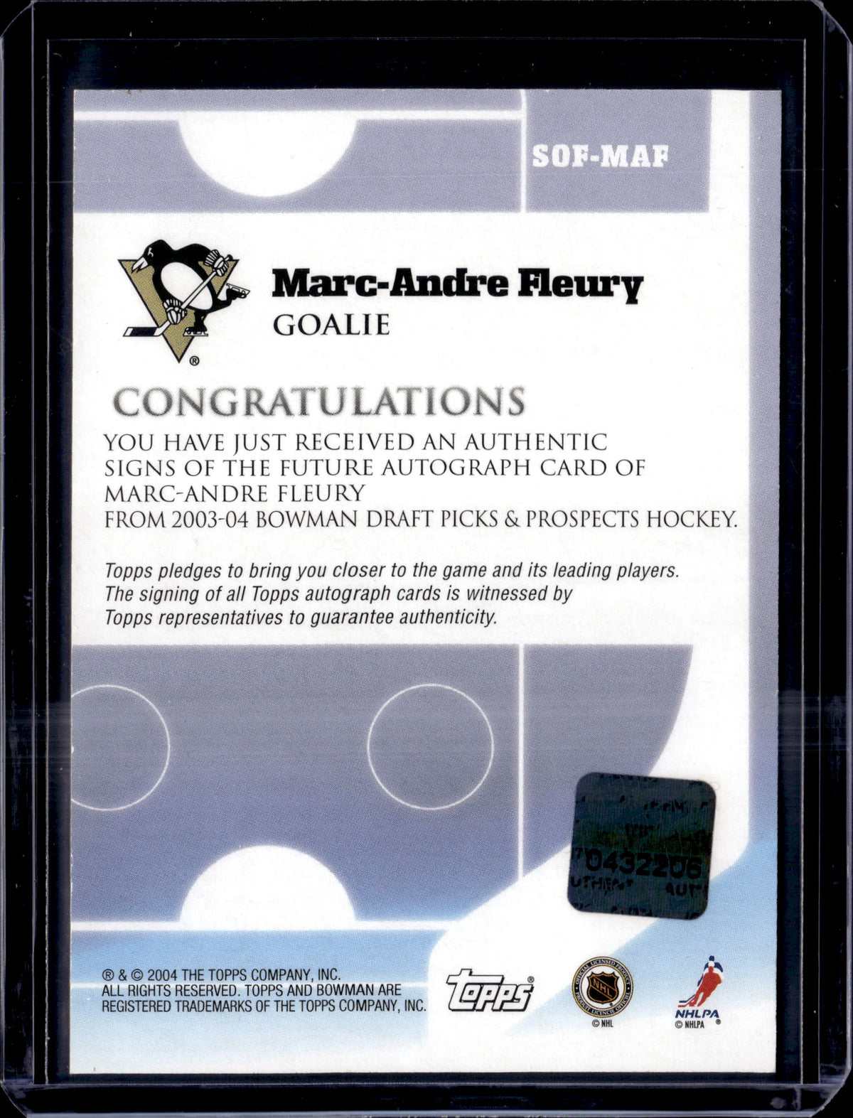 2003-04 Bowman Draft Signs of the Future Marc Andre Fleury Rookie Card RC Auto