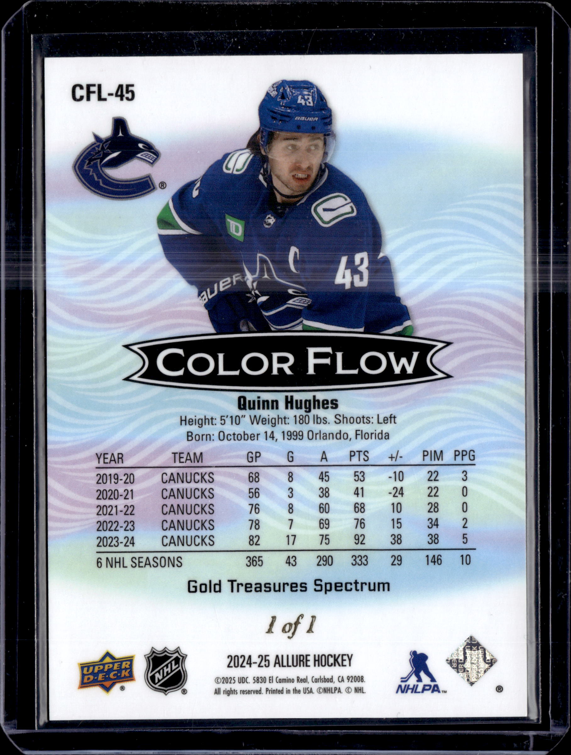 2025-26 Allure Color Flow Golden Treasures Spectrum Quinn Hughes 1/1