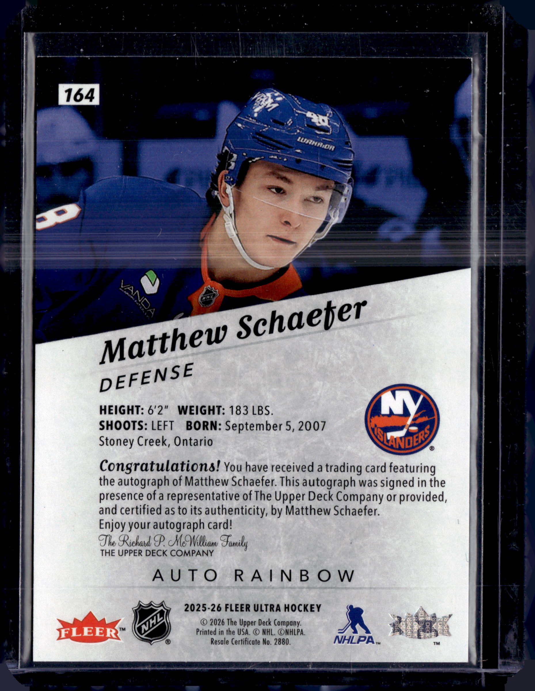 2025-26 Fleer Ultra #164 Matthew Schaefer Auto Rainbow Rookie