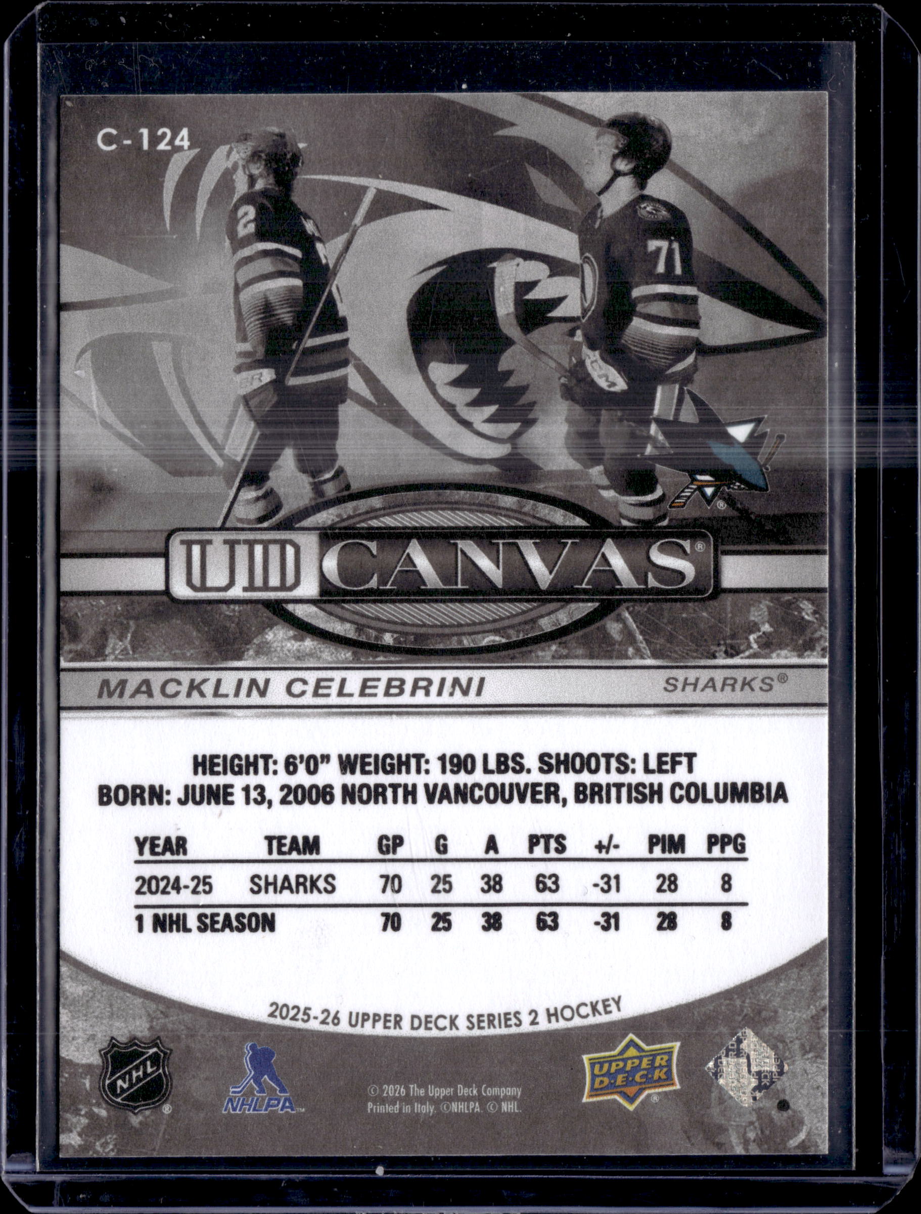 2025-26 UD Series 2 Macklin Celebrini Black & White UD Canvas