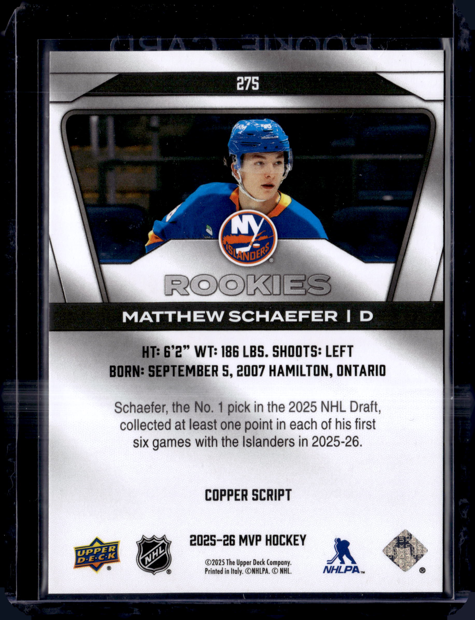 2025-26 UD MVP #275 Matthew Schaefer Silver Collection Rookies Copper Script