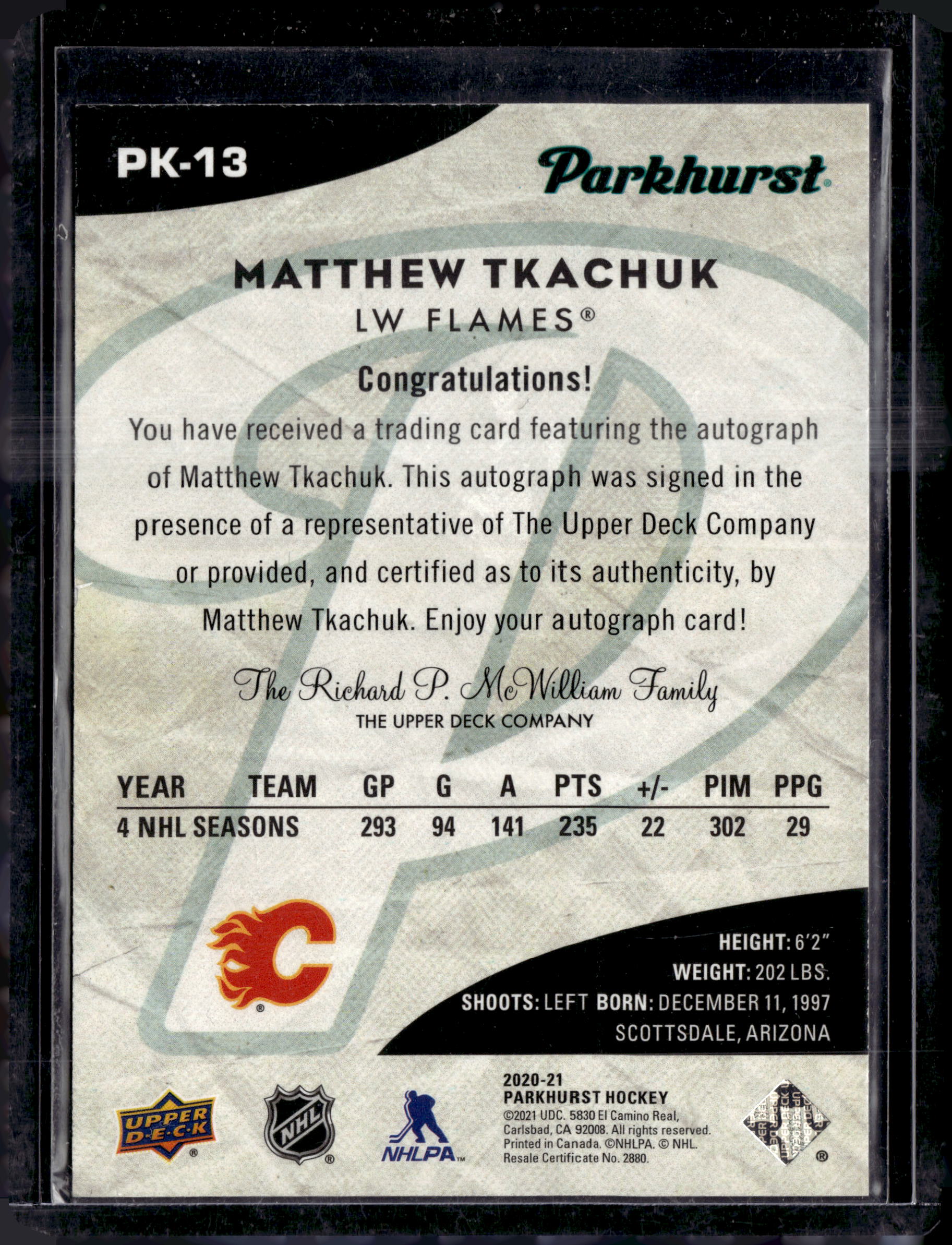 2020-21 Parkhurst Parkies Auto Red Matthew Tkachuk /10