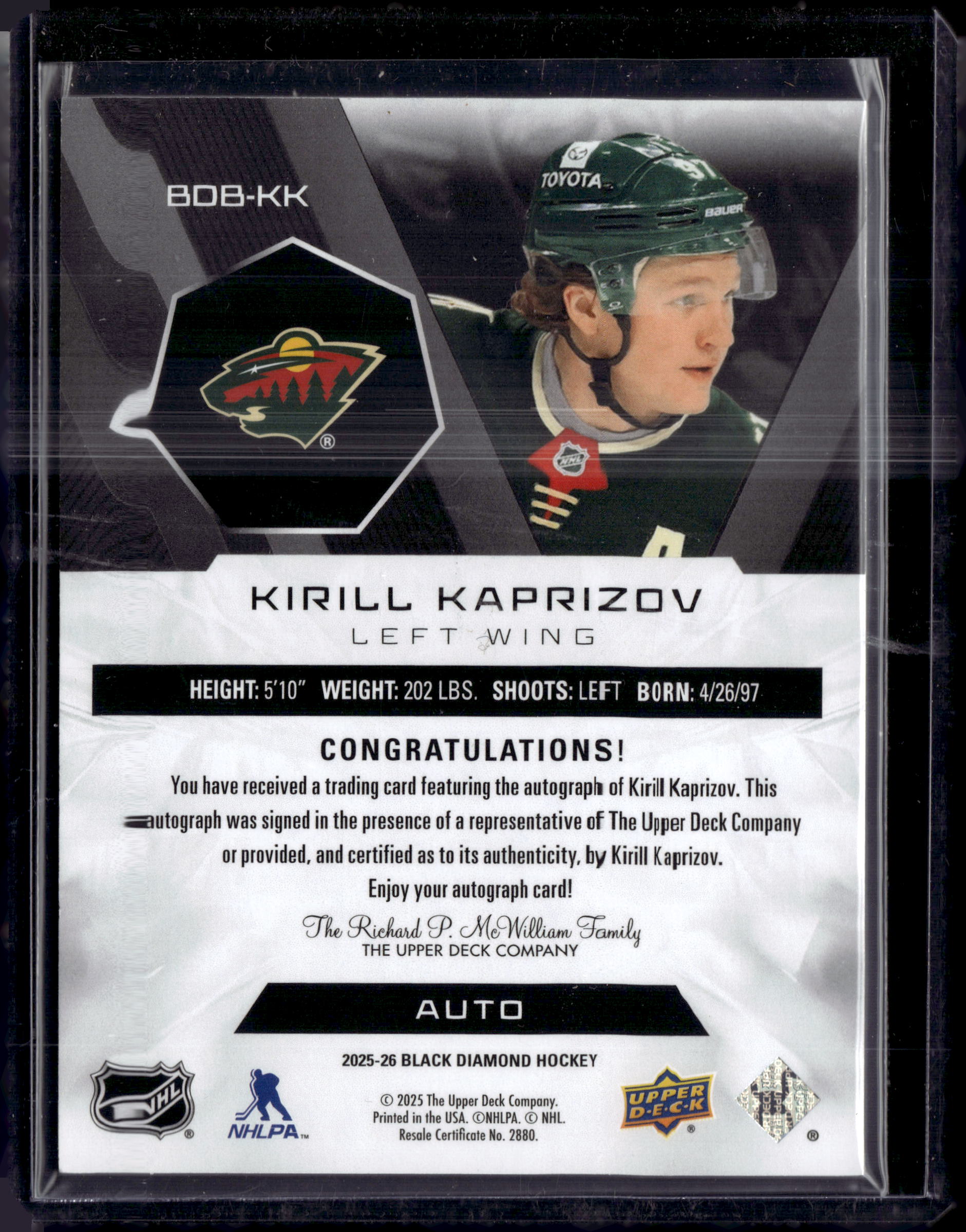 2025-26 Upper Deck Black Diamond Kirill Kaprizov Auto Base /25 #BDB-KK