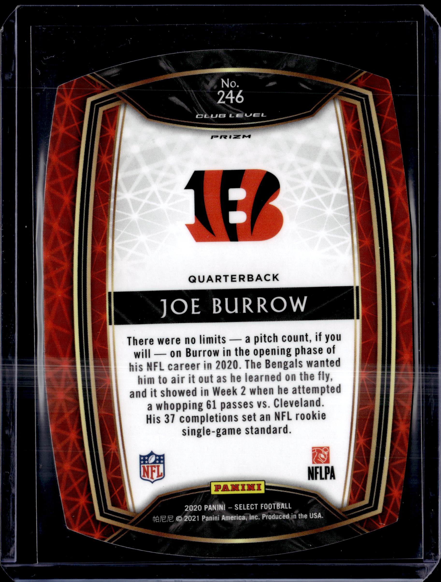 2020 Panini Select Zebra Prizm Club Level Die Cut #246 Joe Burrow RC