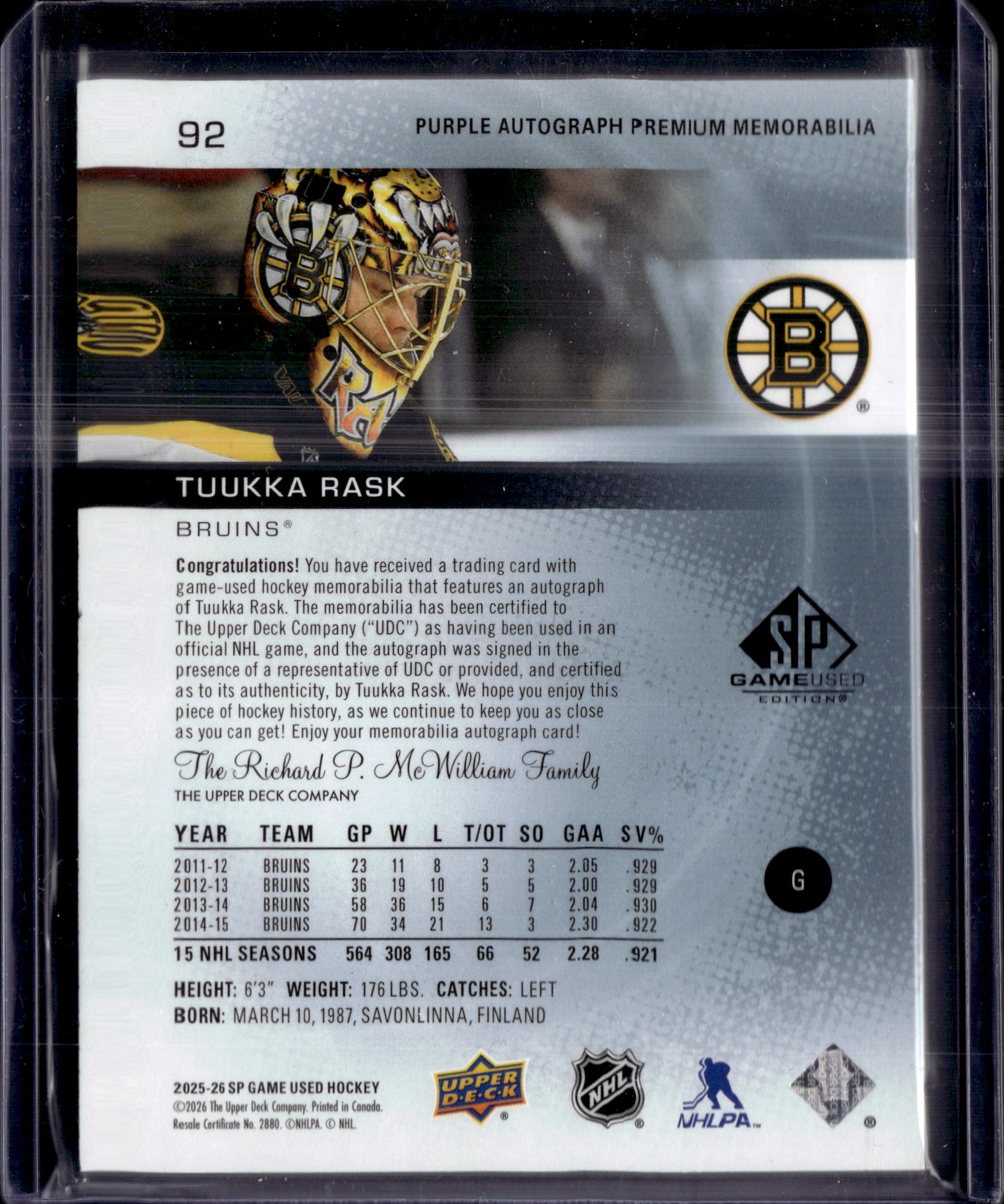 2025-26 SP Game Used Tuukka Rask Purple Autograph Premium Mem. /5