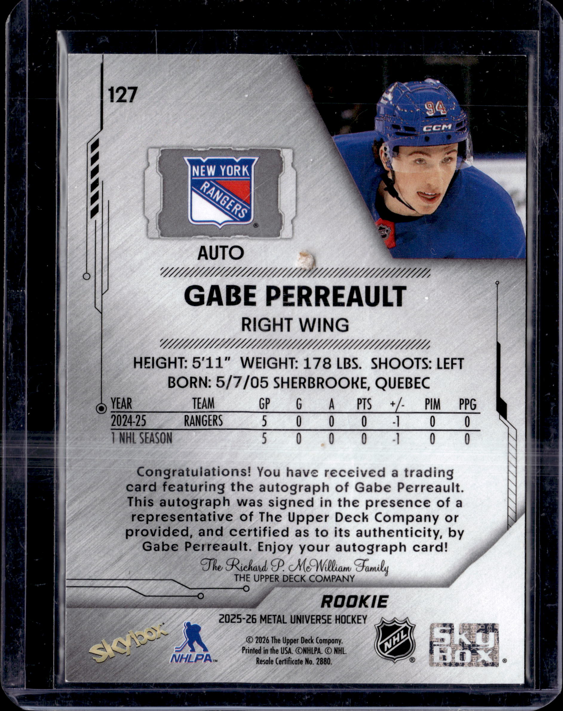 2025-26 Upper Deck Skybox Metal Gabe Perreault Auto RC