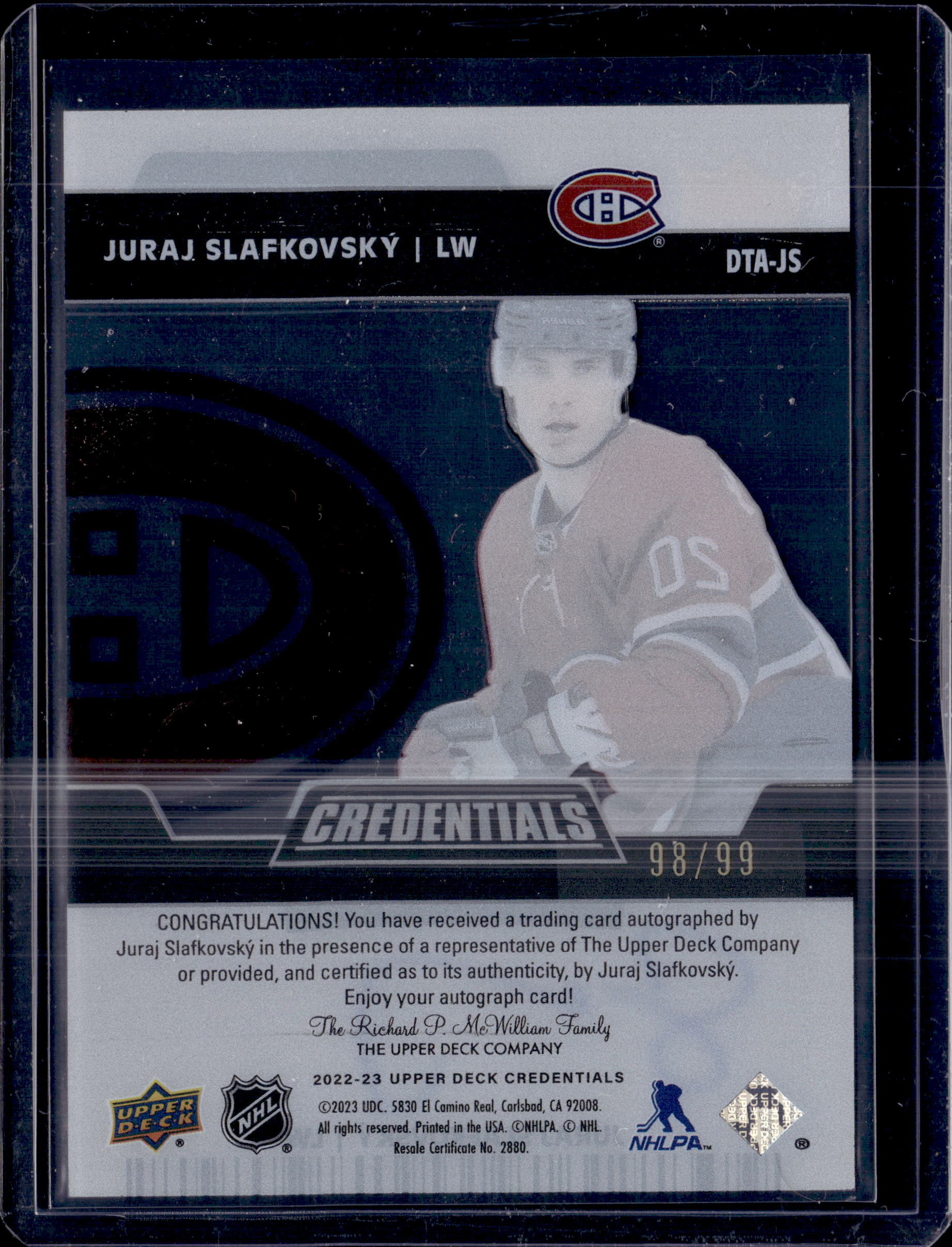 2022-23 UD Credentials /99 Juraj Slafkovsky Debut Ticket Access Auto