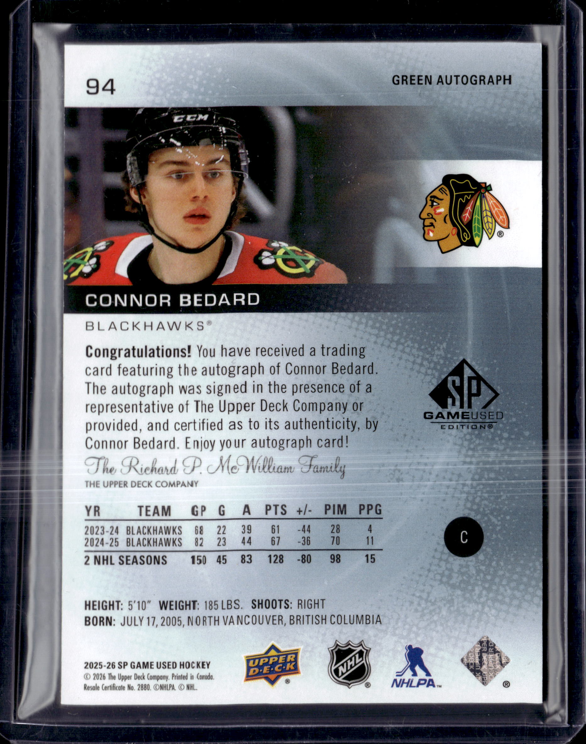 2025-26 Upper Deck SP Game Used Green Autograph Connor Bedard 1/1