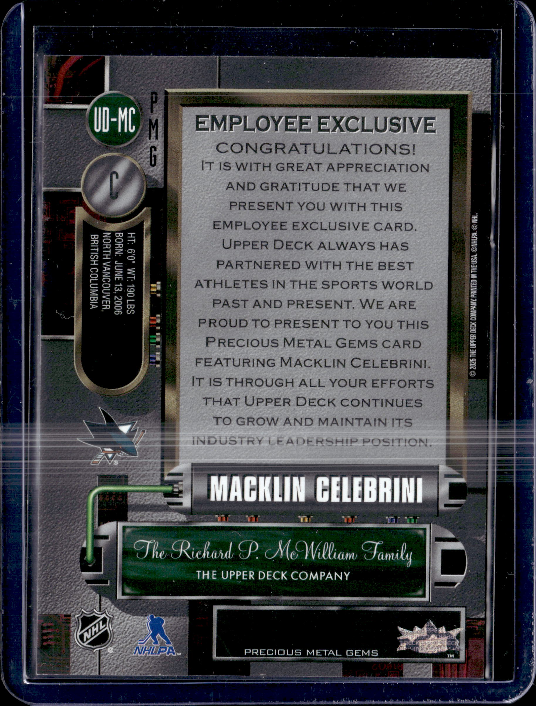 2024-25 Upper Deck Metal Employee Exclusive PMG Rookie Macklin Celebrini