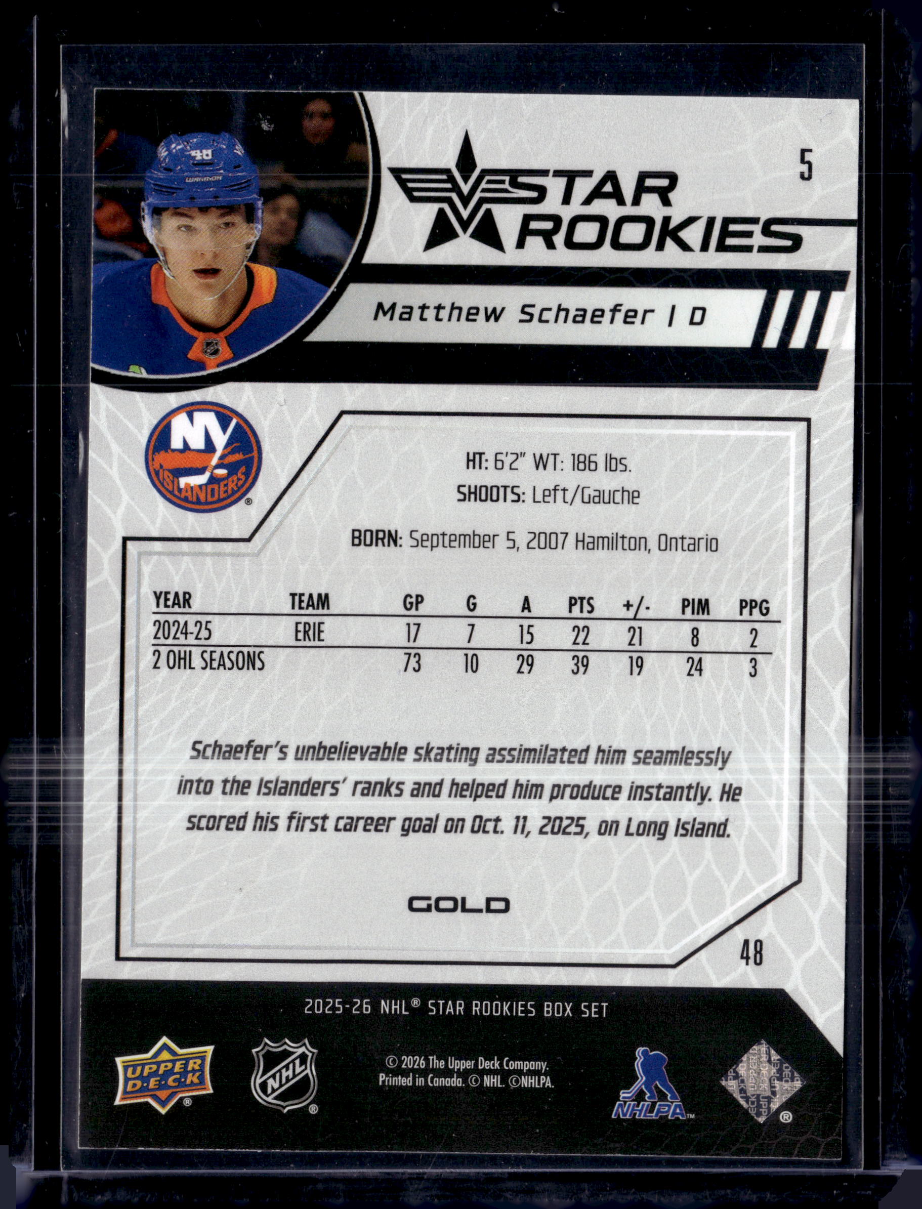 2025-26 Upper Deck NHL Star Rookies Box Set #5 Matthew Schaefer Gold #/249