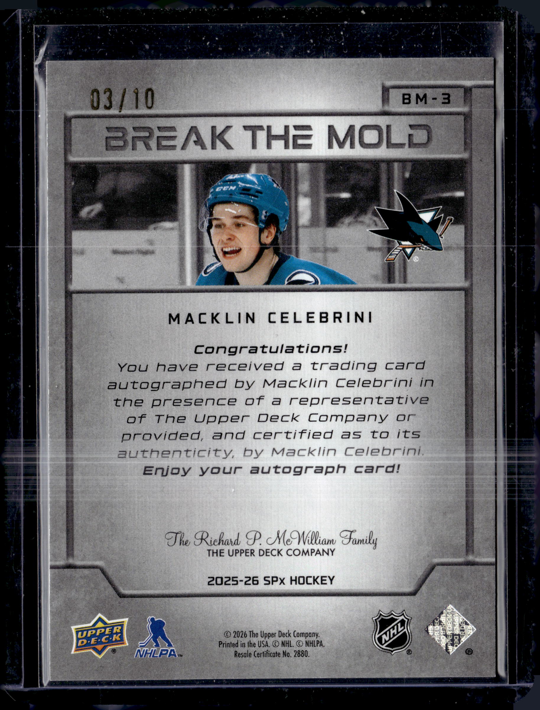 2025-26 SPx Break the Mold Macklin Celebrini Auto /10