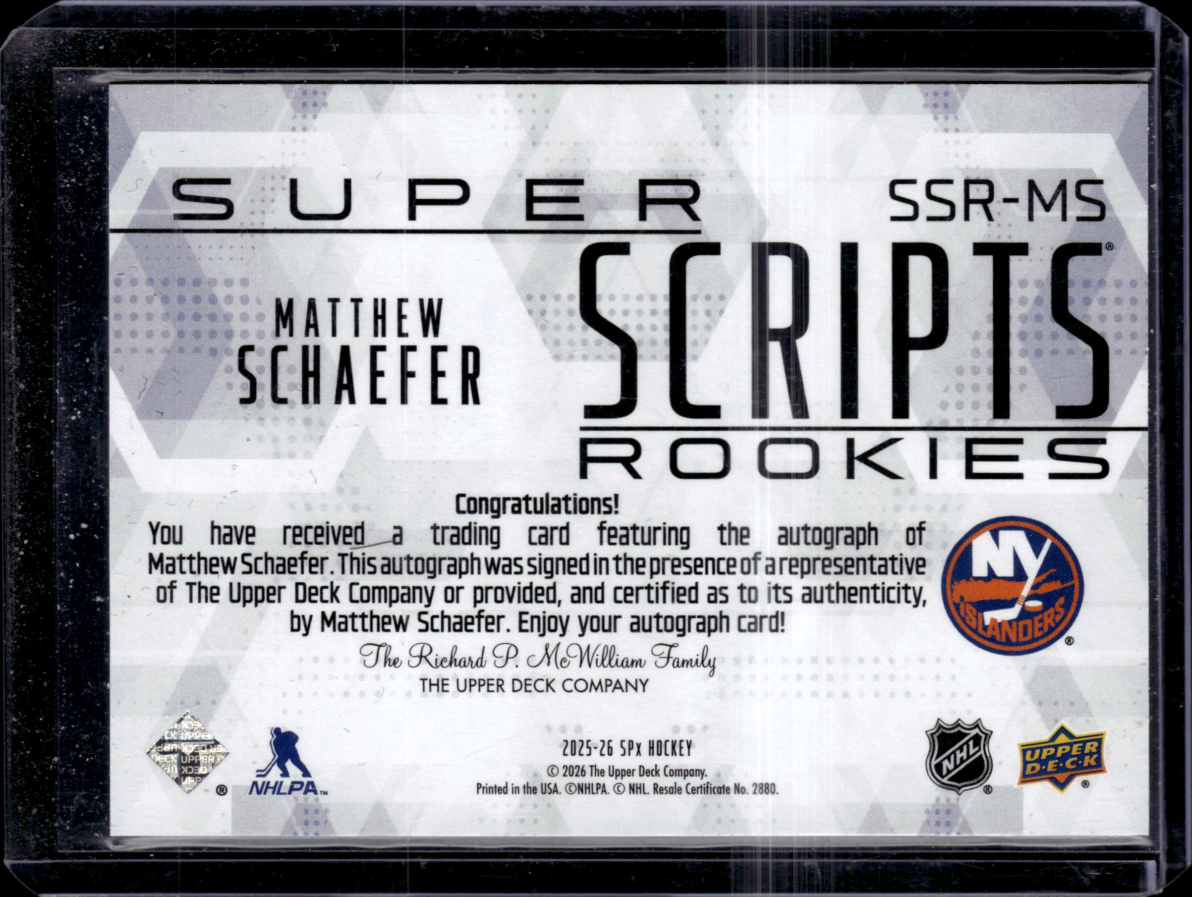 2025-26 UD SPX Super Scripts Rookies #SSR-MS Matthew Schaefer