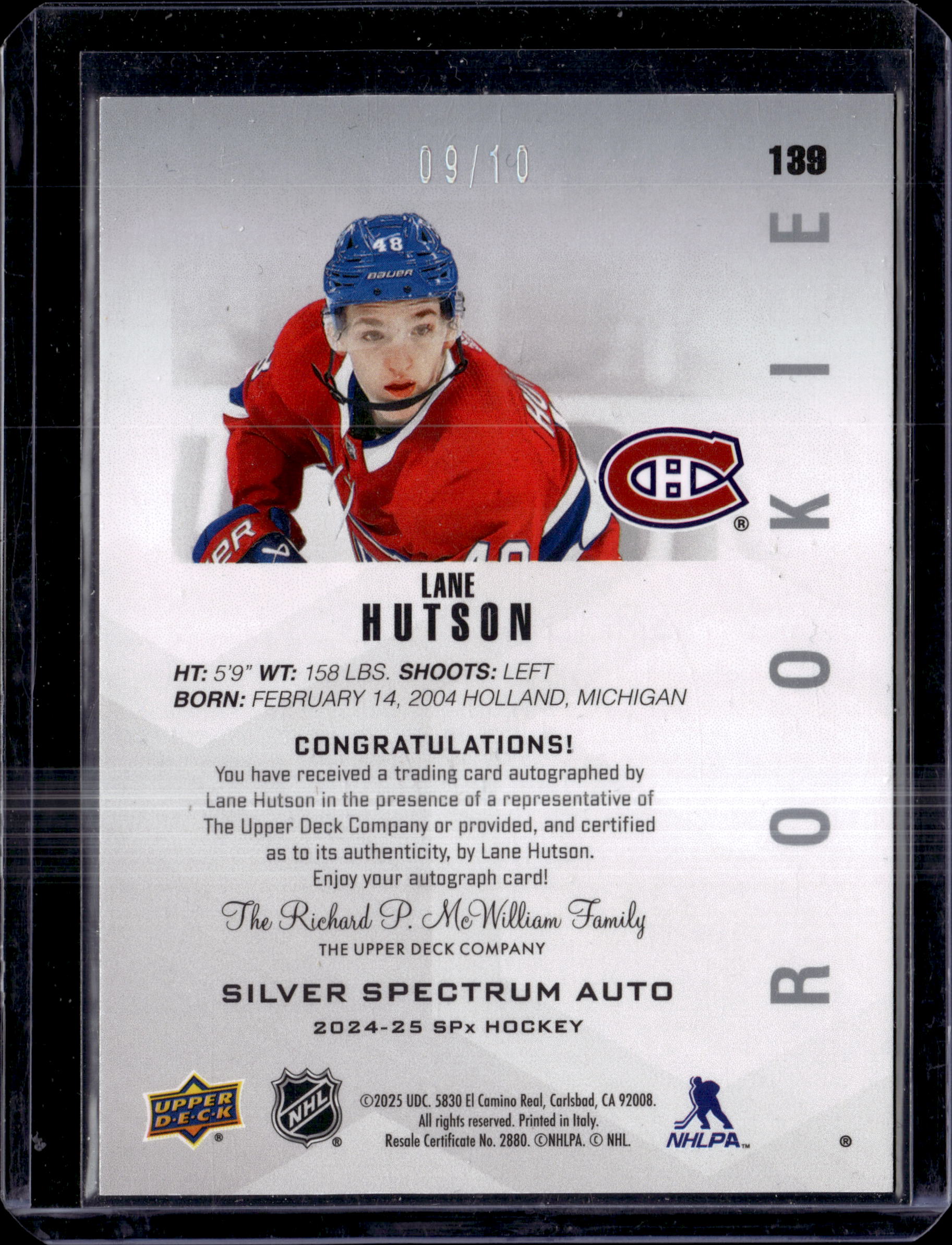 2024-25 SPX Silver Spectrum Rookie Auto Lane Hutson /10