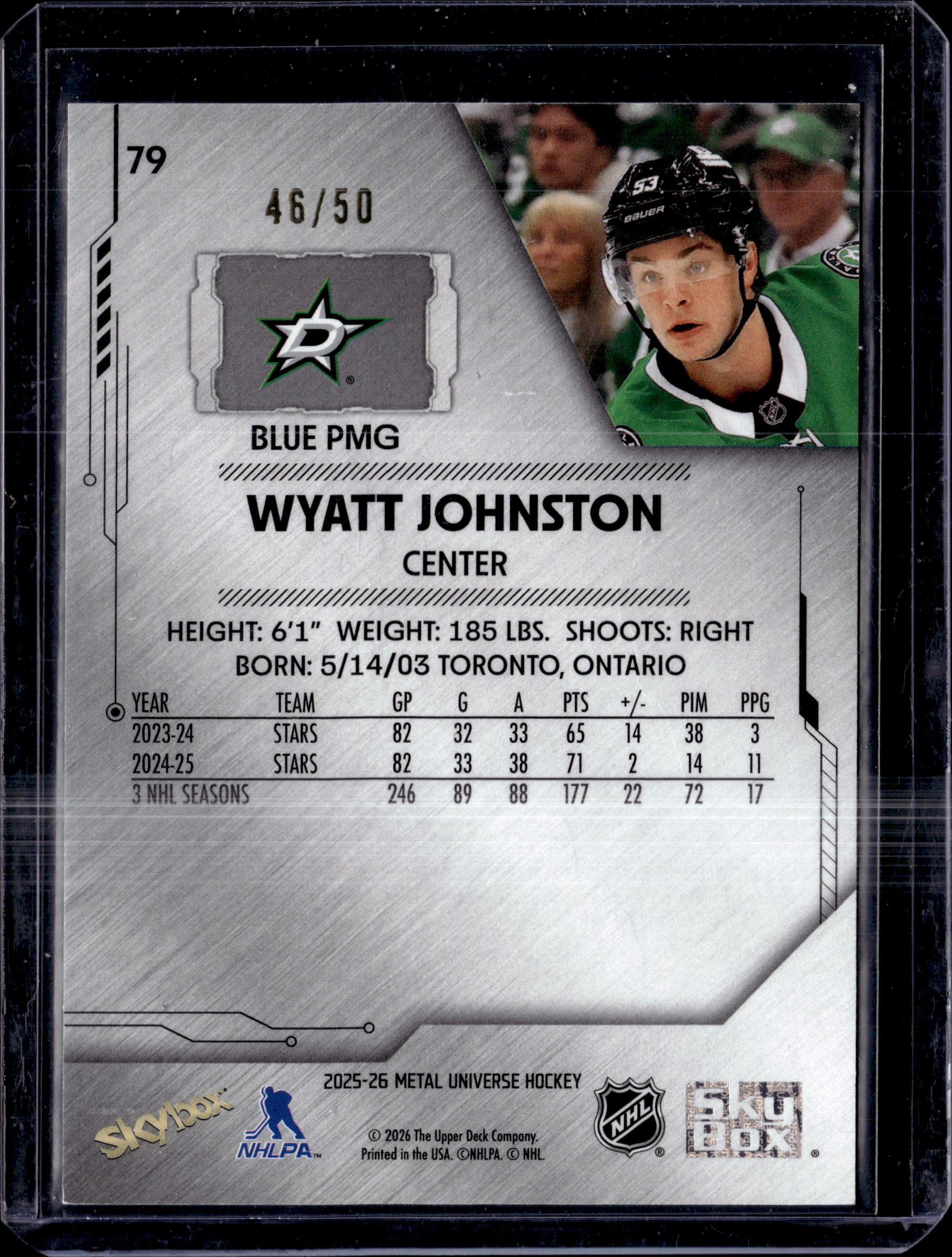 2025-26 Skybox Metal Universe Hockey Wyatt Johnston Precious Metal Gems Blue /50
