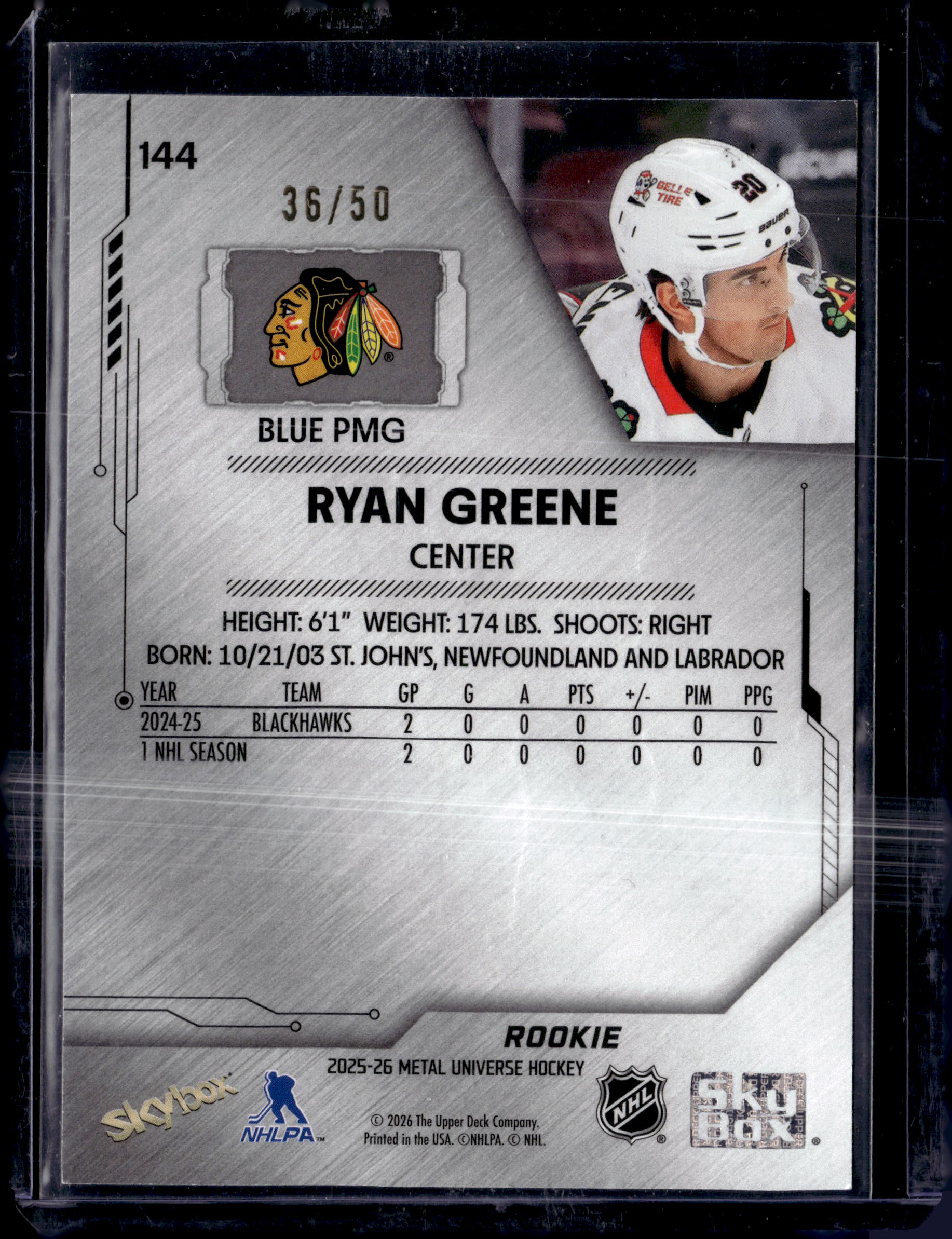 2025-26 Skybox Metal Universe Hockey Ryan Greene Precious Metal Gems Blue /50