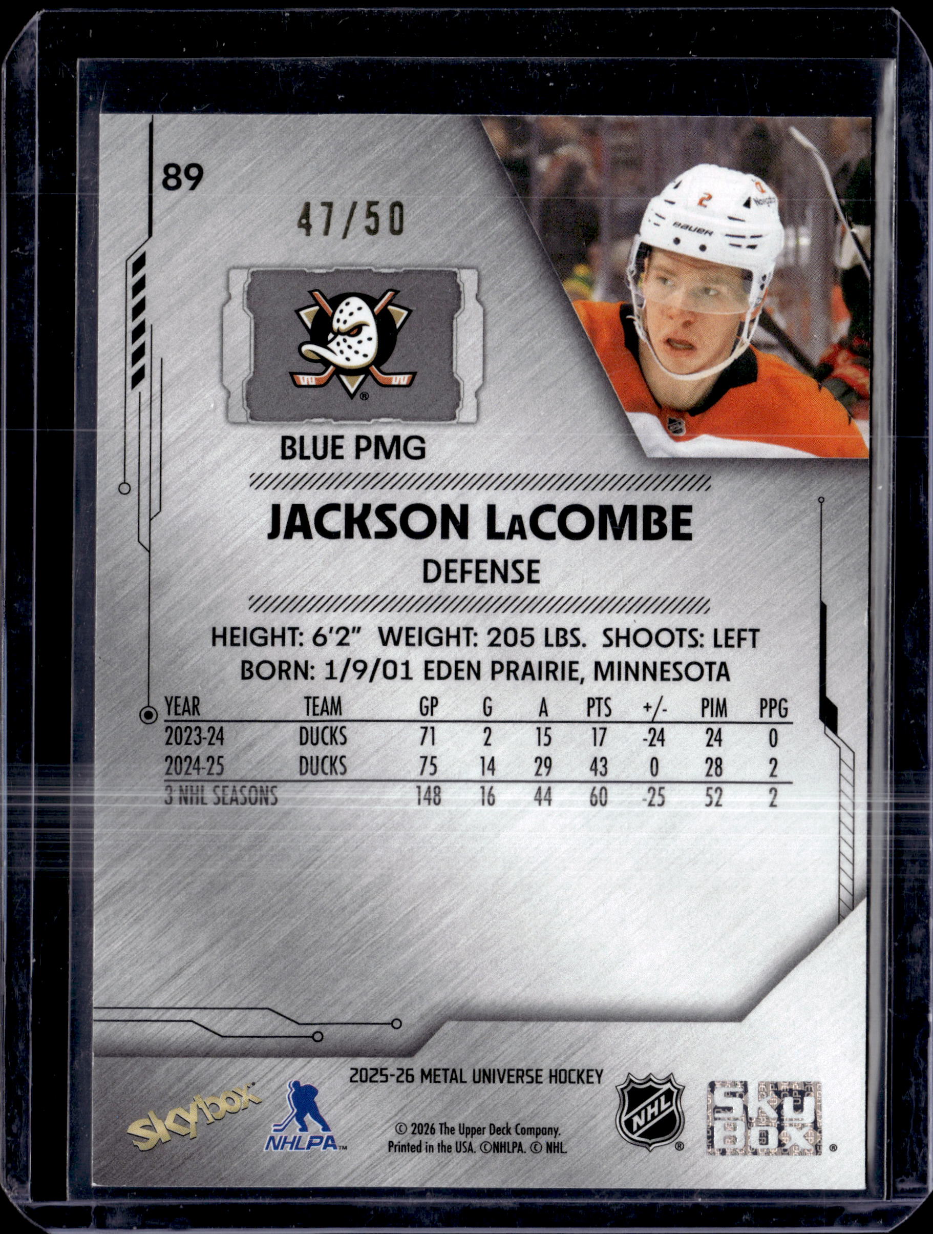 2025-26 Skybox Metal Universe Hockey Jackson LaCombe Precious Metal Gems Blue /50