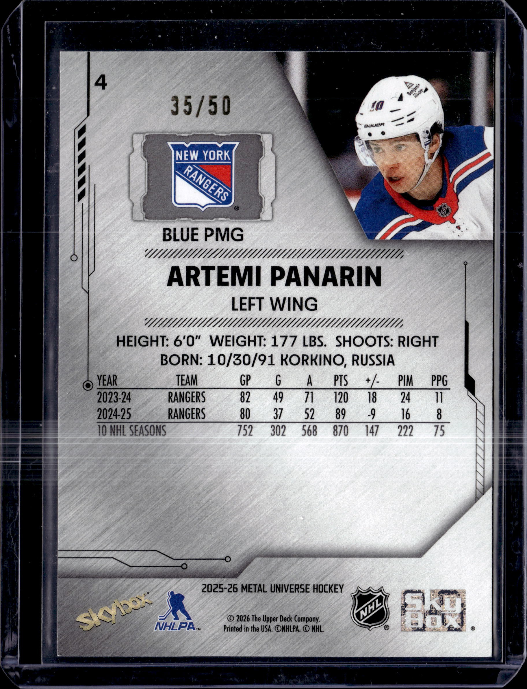 2025-26 Skybox Metal Universe Hockey Artemi Panarin Precious Metal Gems Blue /50