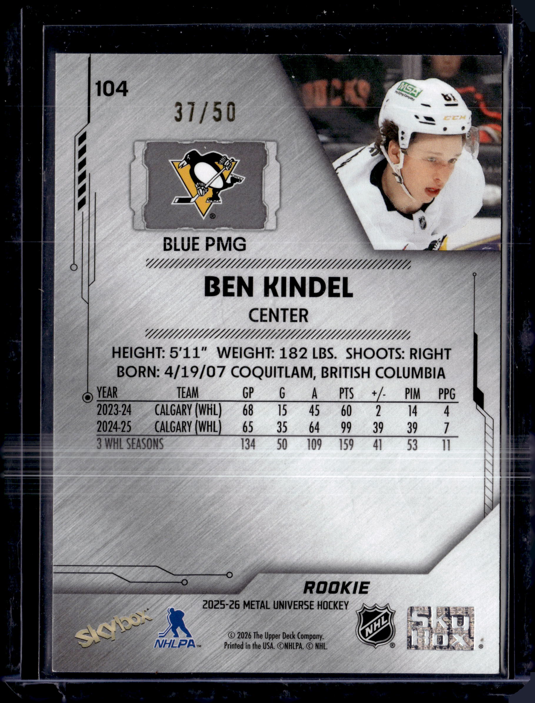 2025-26 Skybox Metal Universe Hockey Ben Kindel Precious Metal Gems Blue /50