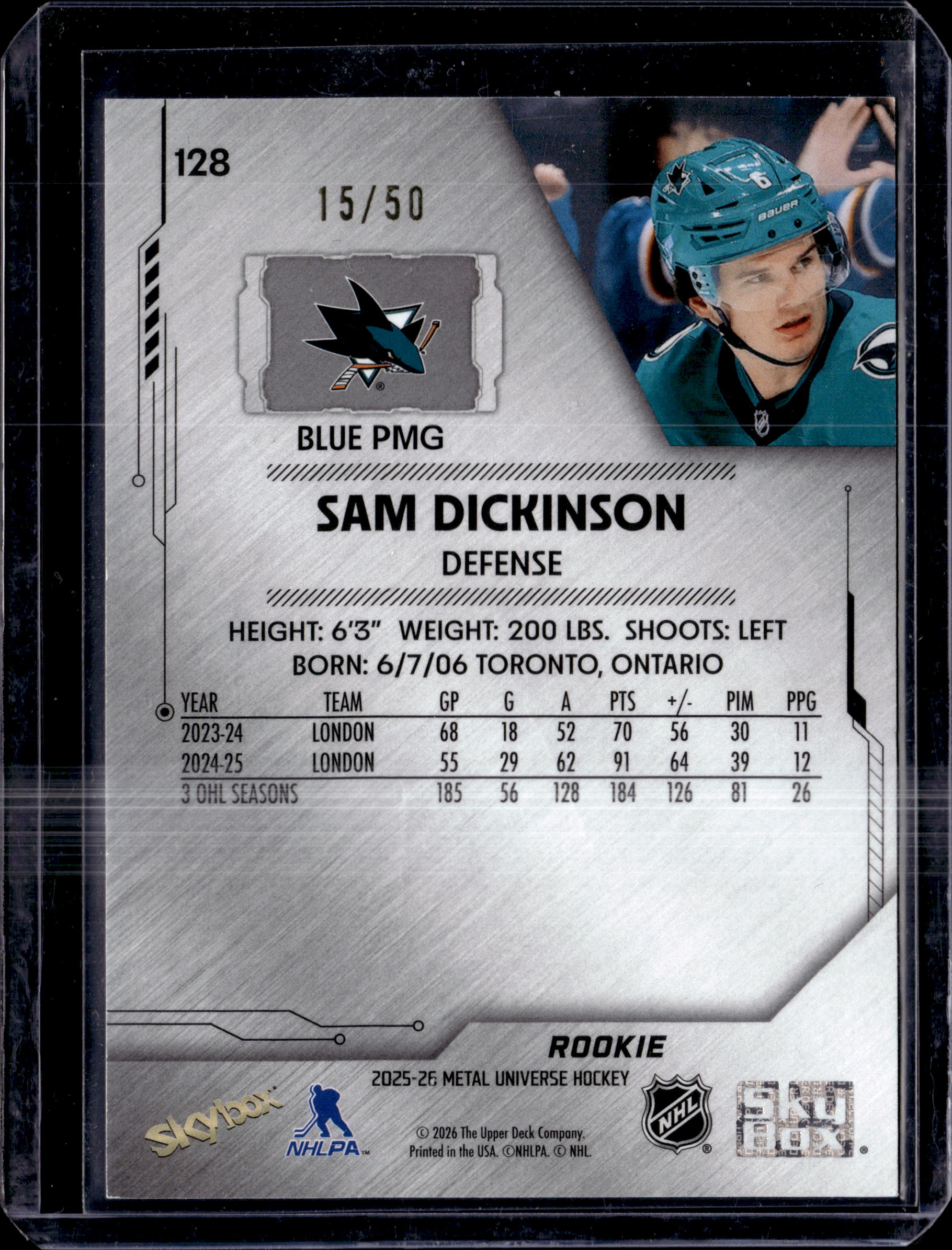 2025-26 Skybox Metal Universe Hockey Sam Dickinson Precious Metal Gems Blue /50