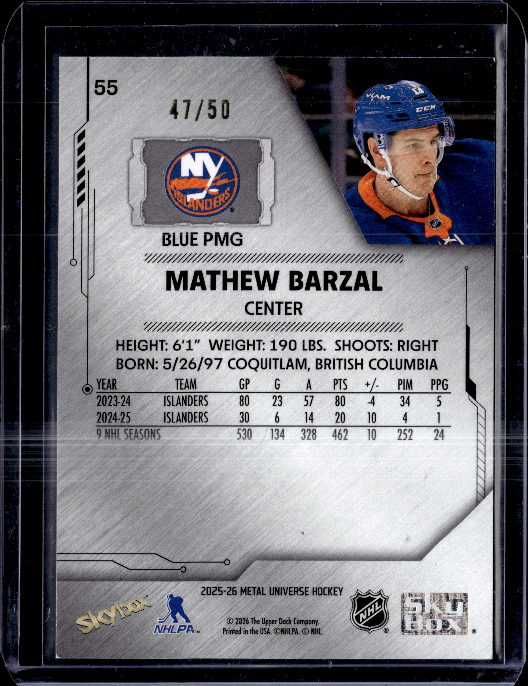2025-26 Skybox Metal Universe Hockey Mathew Barzal Precious Metal Gems Blue /50