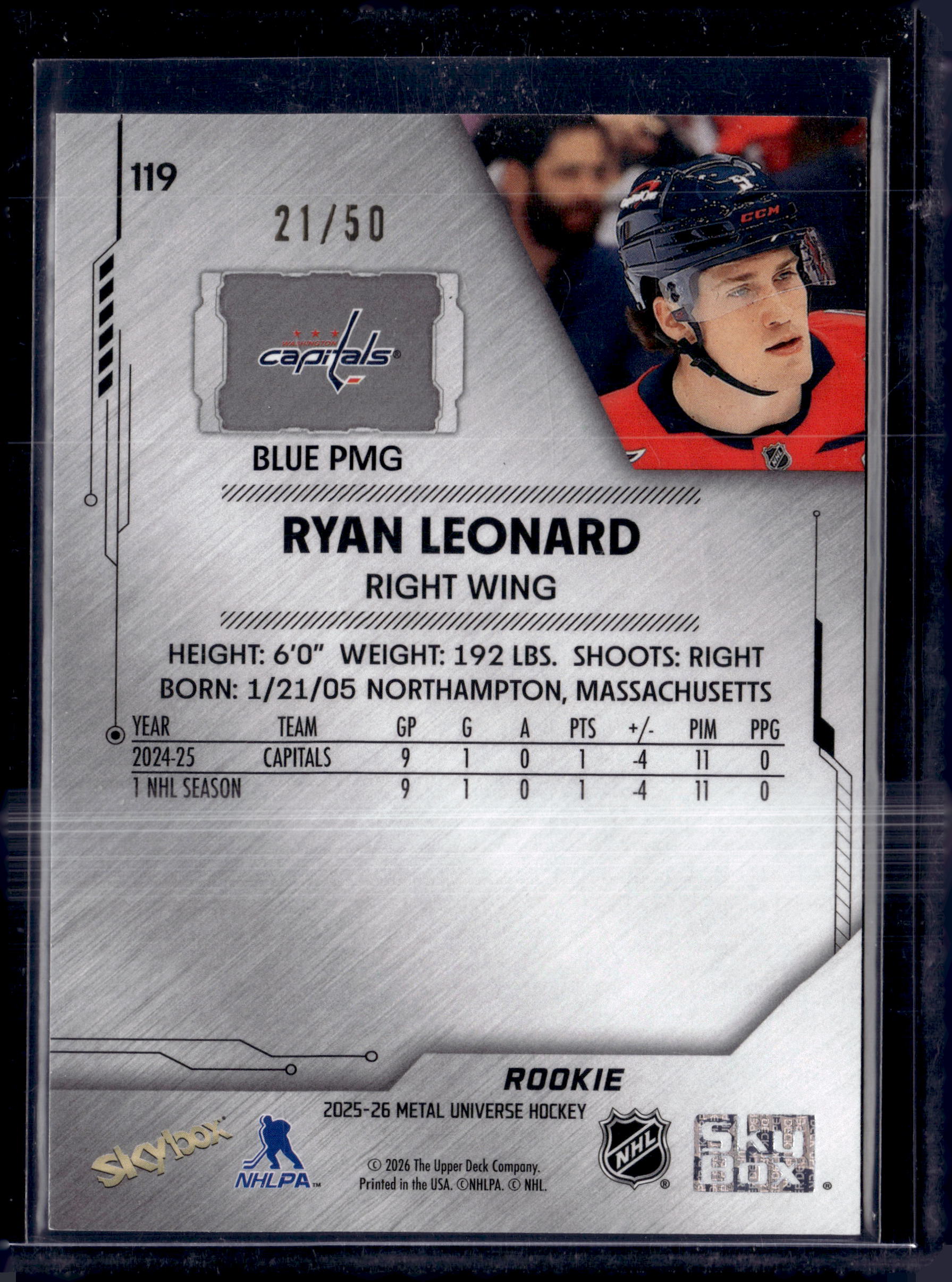 2025-26 Skybox Metal Universe Hockey Ryan Leonard Precious Metal Gems Blue /50