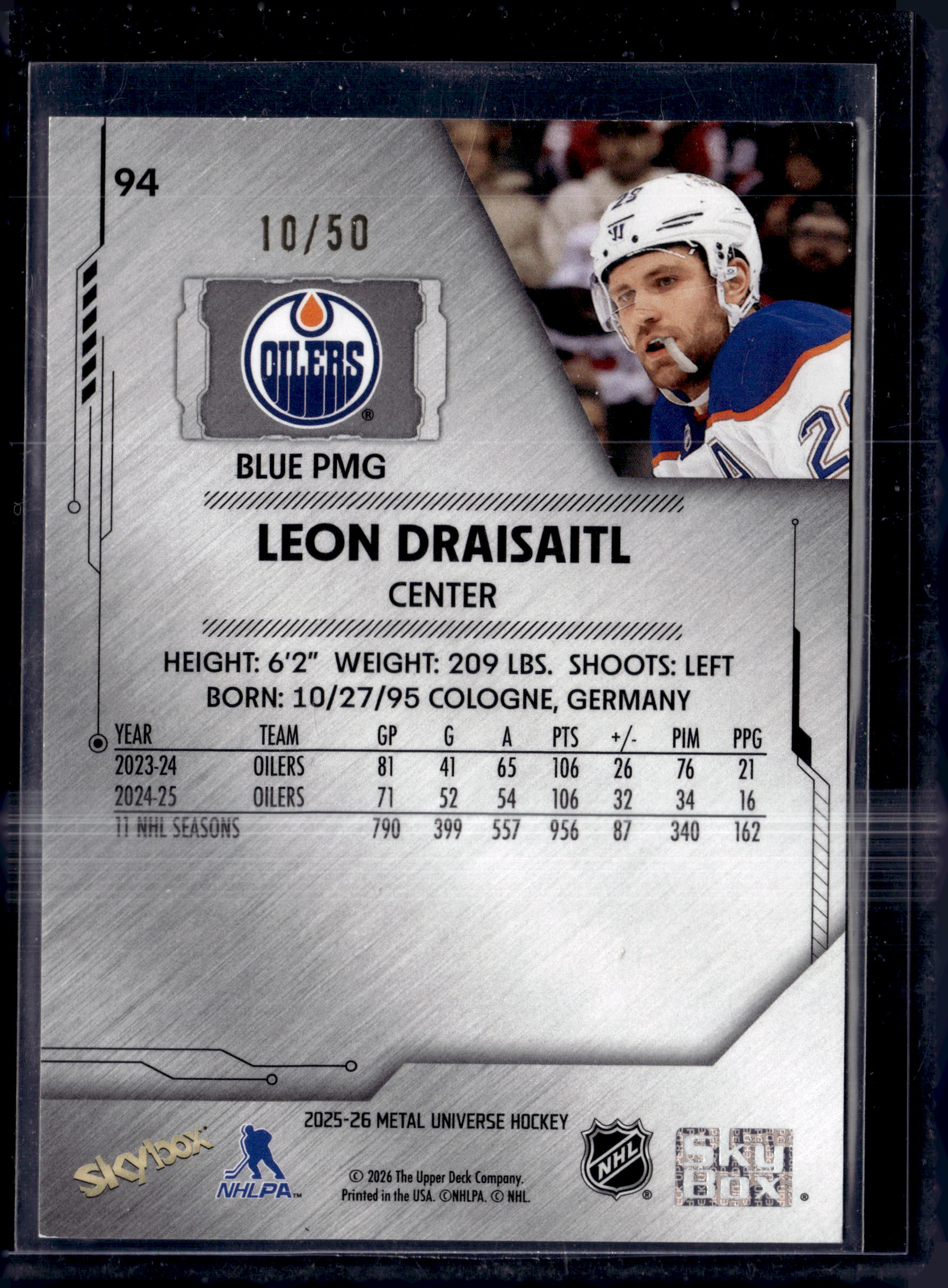 2025-26 Skybox Metal Universe Hockey Leon Draisaitl Precious Metal Gems Blue /50