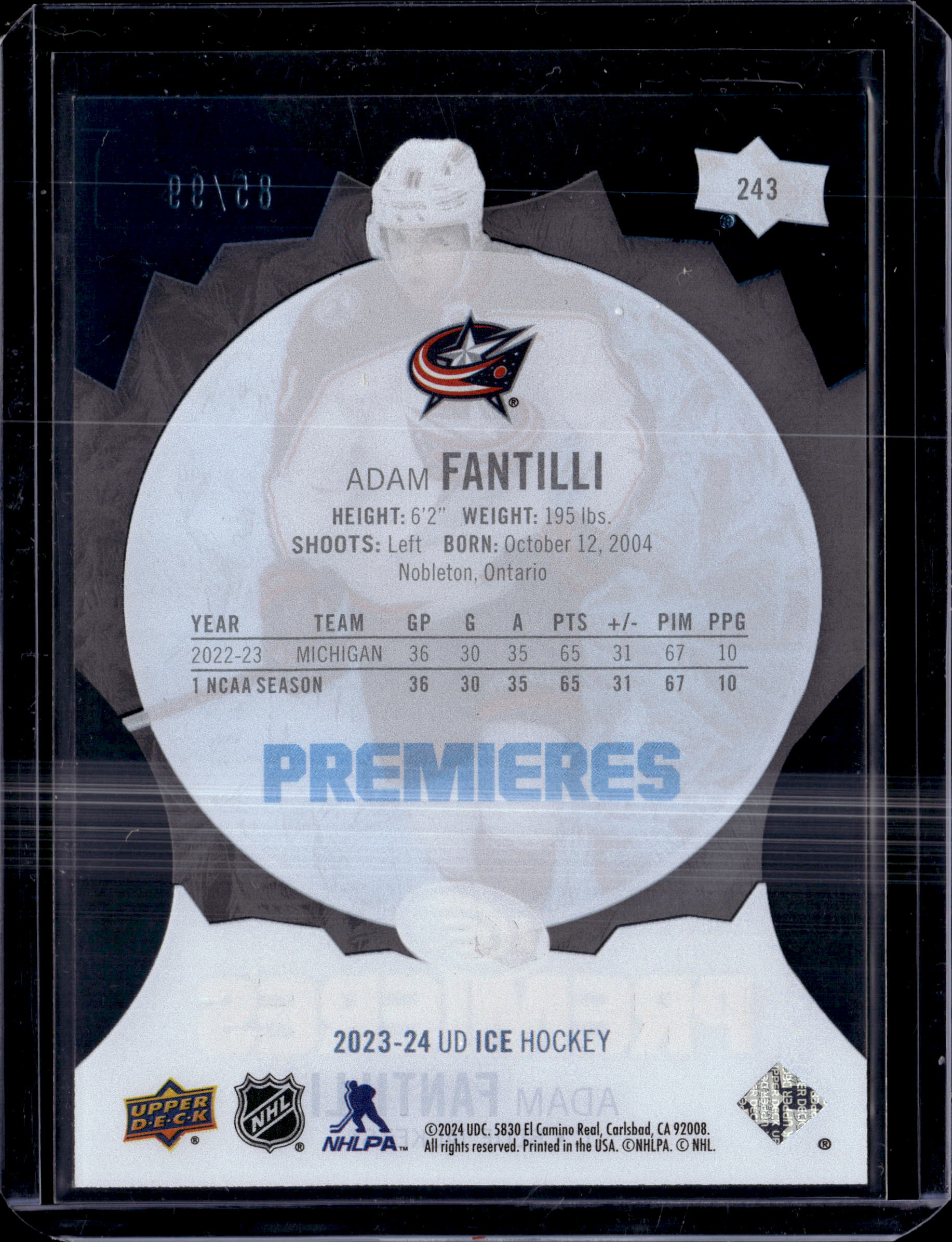 2023-24 Upper Deck Ice Adam Fantilli RC Premieres #/99