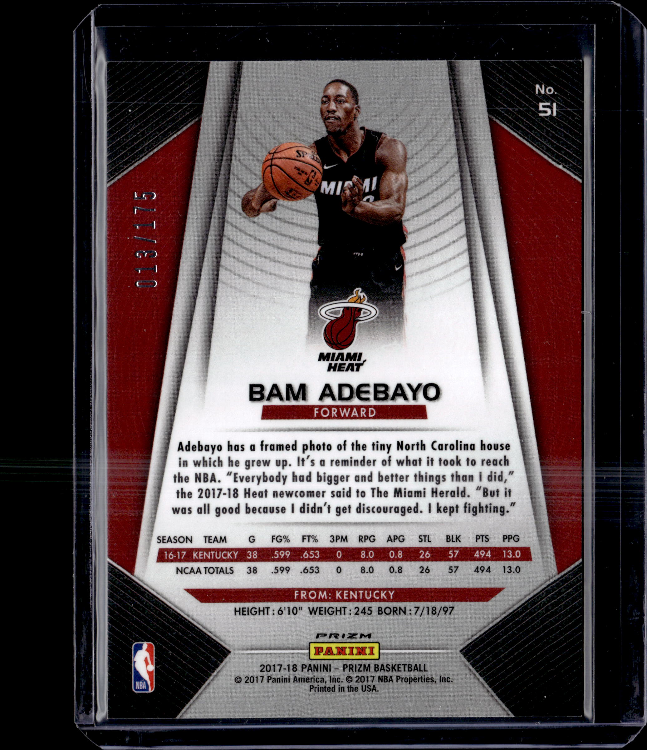 2017-18 Panini Prizm Fast Break Blue Prizm /175 Bam Adebayo #51 Rookie RC