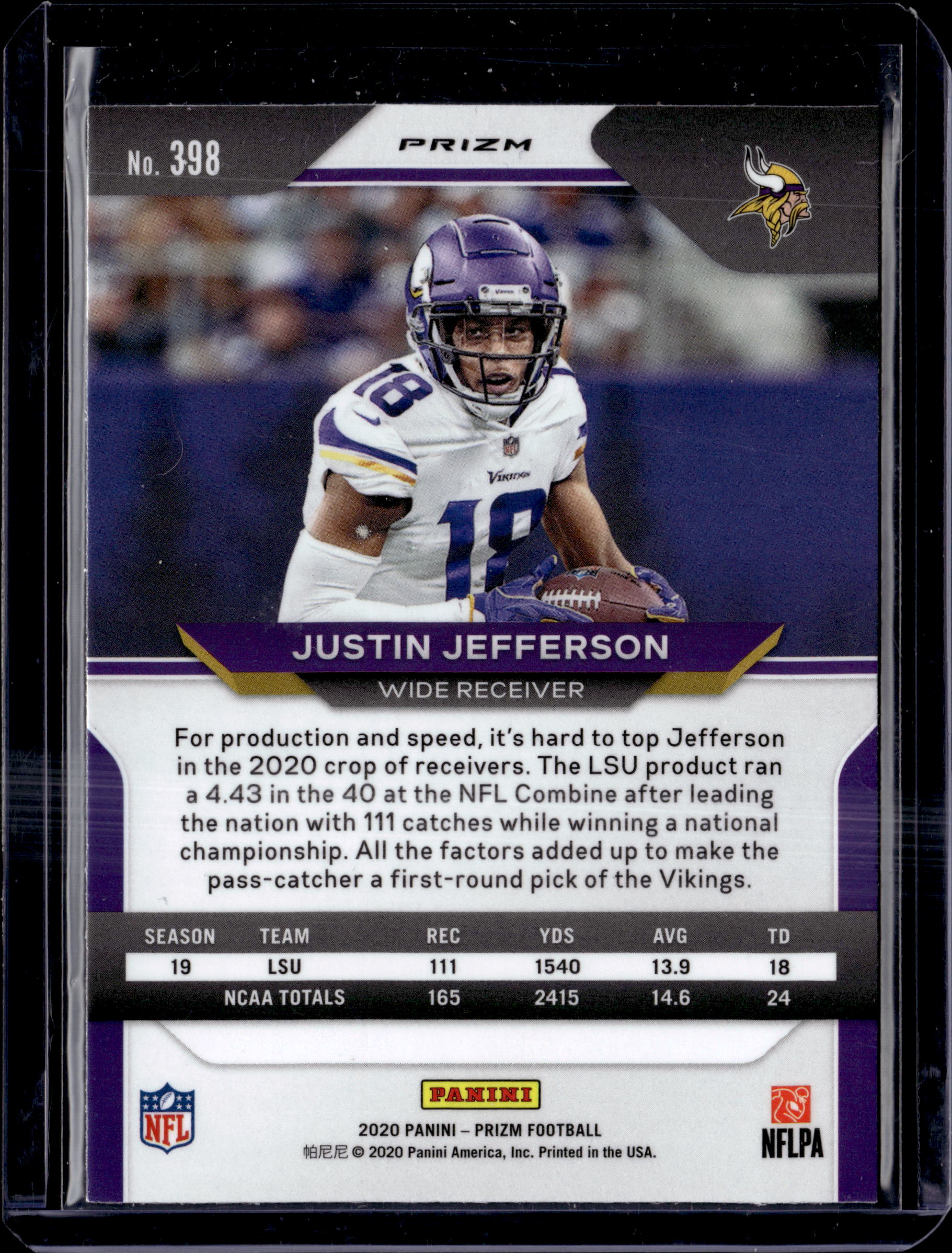 2020 Panini No Huddle Orange Prizm #398 Justin Jefferson RC