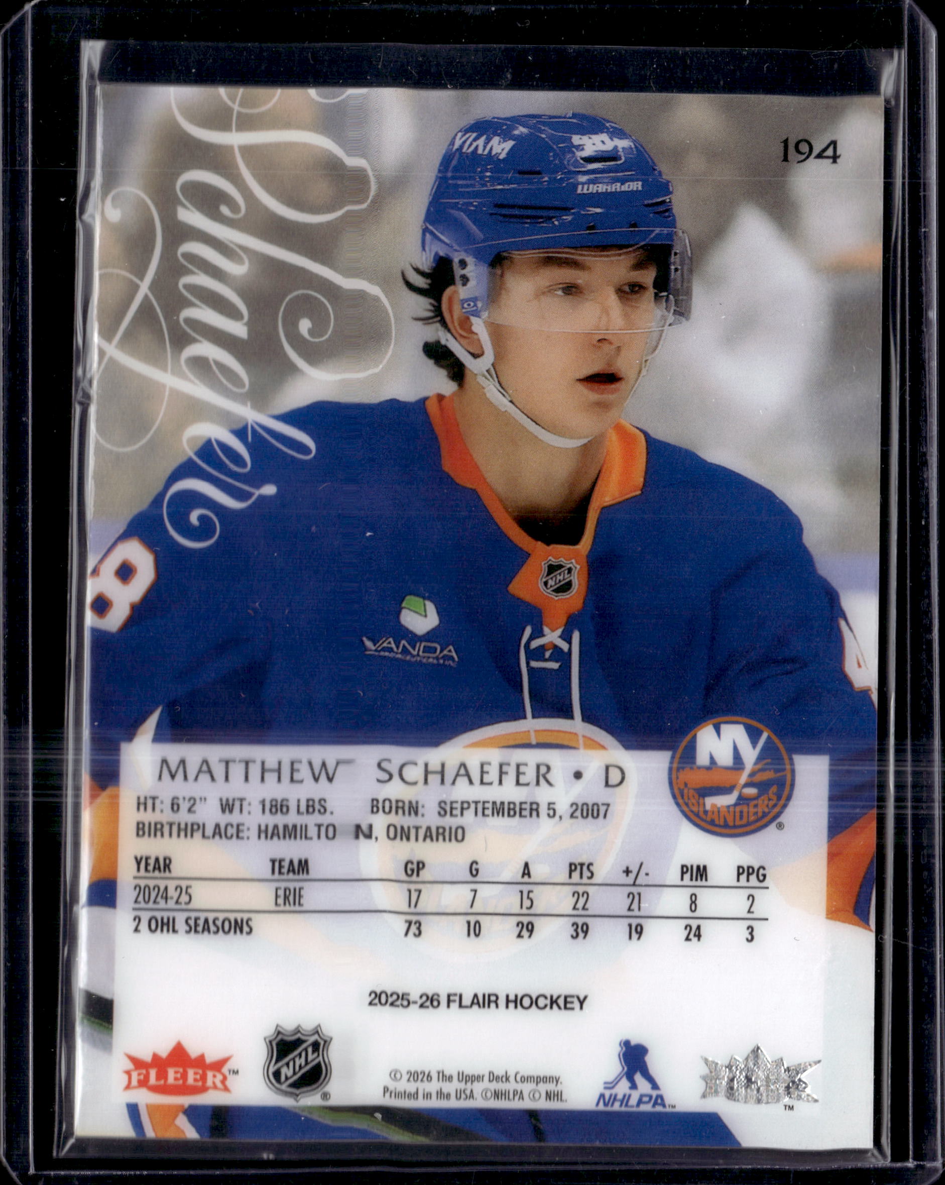 2025‑26 Fleer Flair Hockey Matthew Schaefer Rookie RC #194