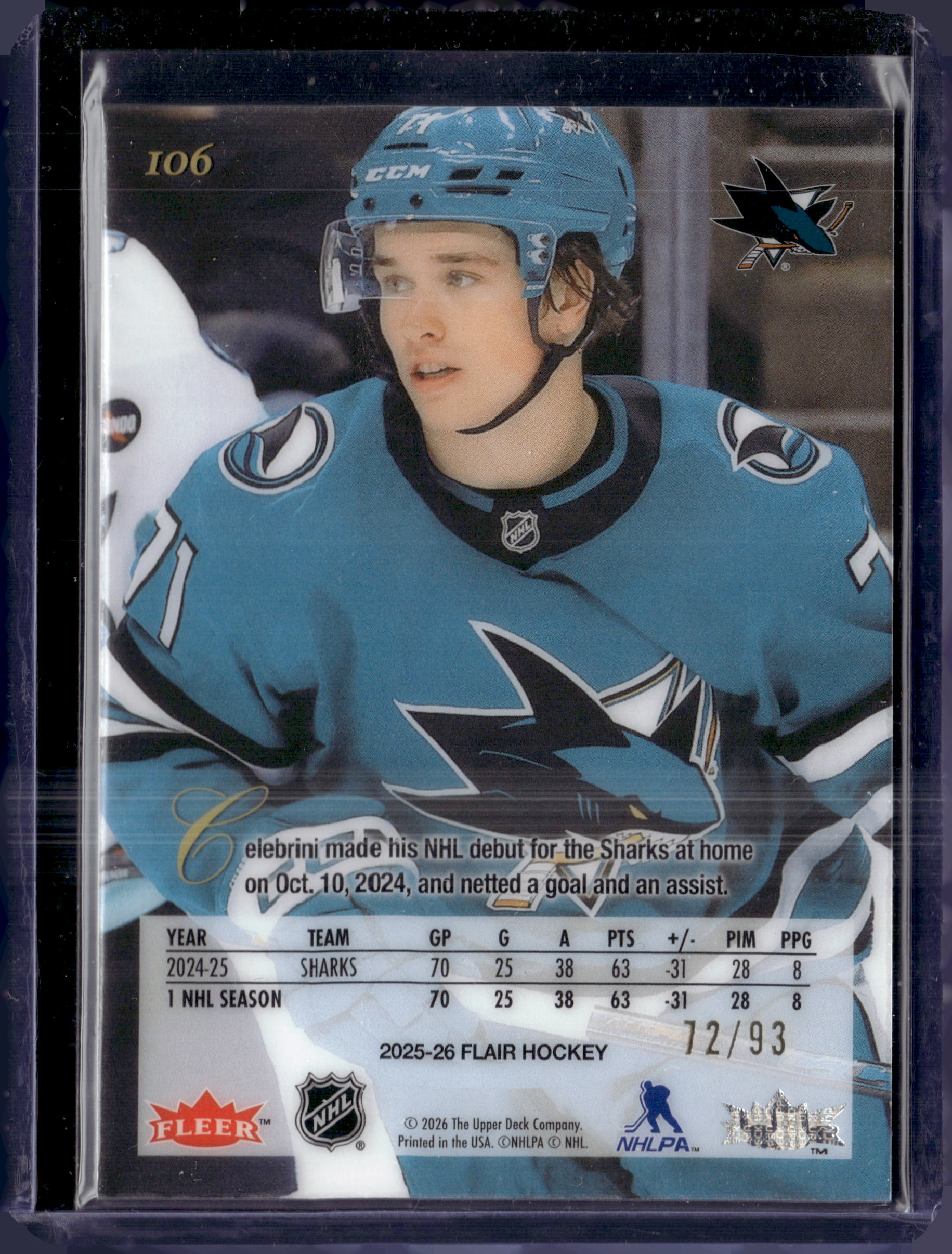 2025-26 Flair #106 Macklin Celebrini 1993 Variant /93