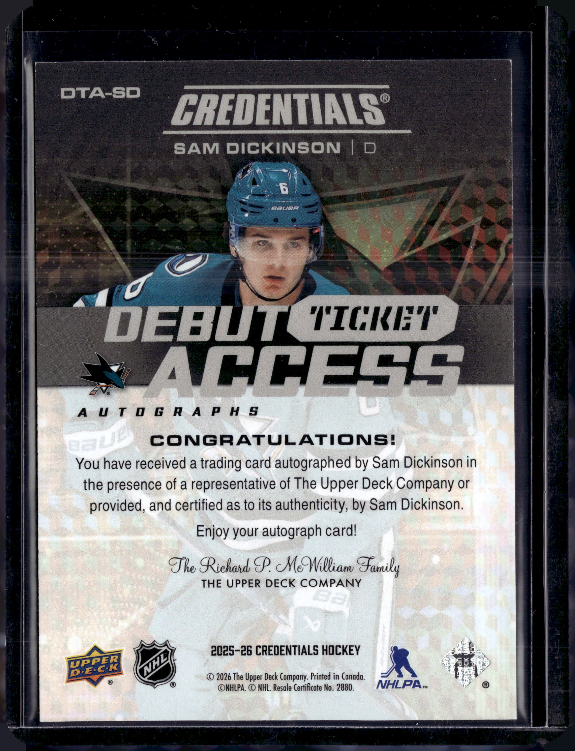 2025-26 Credentials Debut Ticket Access Autograph Sam Dickinson /199