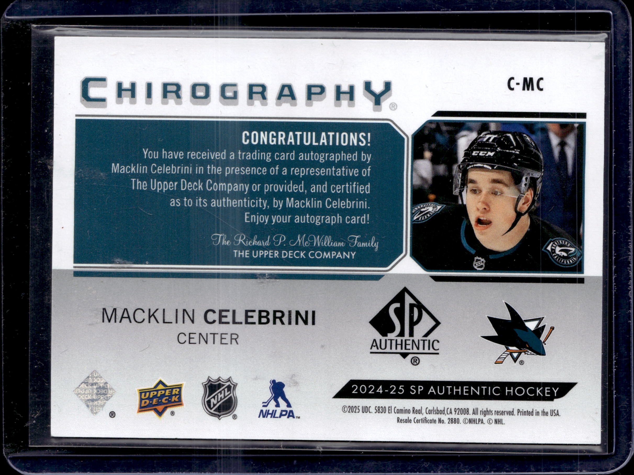 2024-25 SP Authentic Chirography Auto Macklin Celebrini
