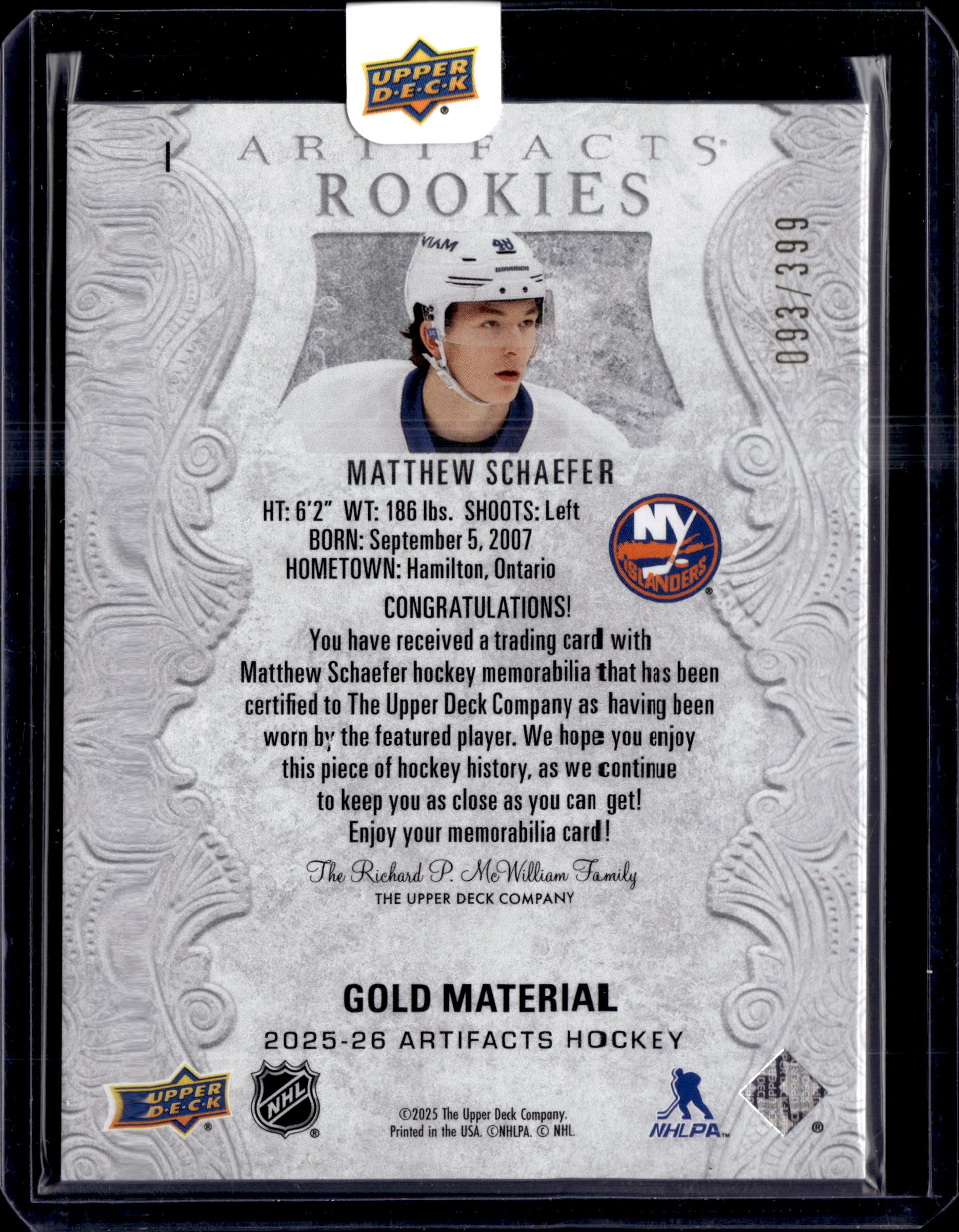 2025-26 Artifacts Rookie Gold Material /399 Matthew Schaefer