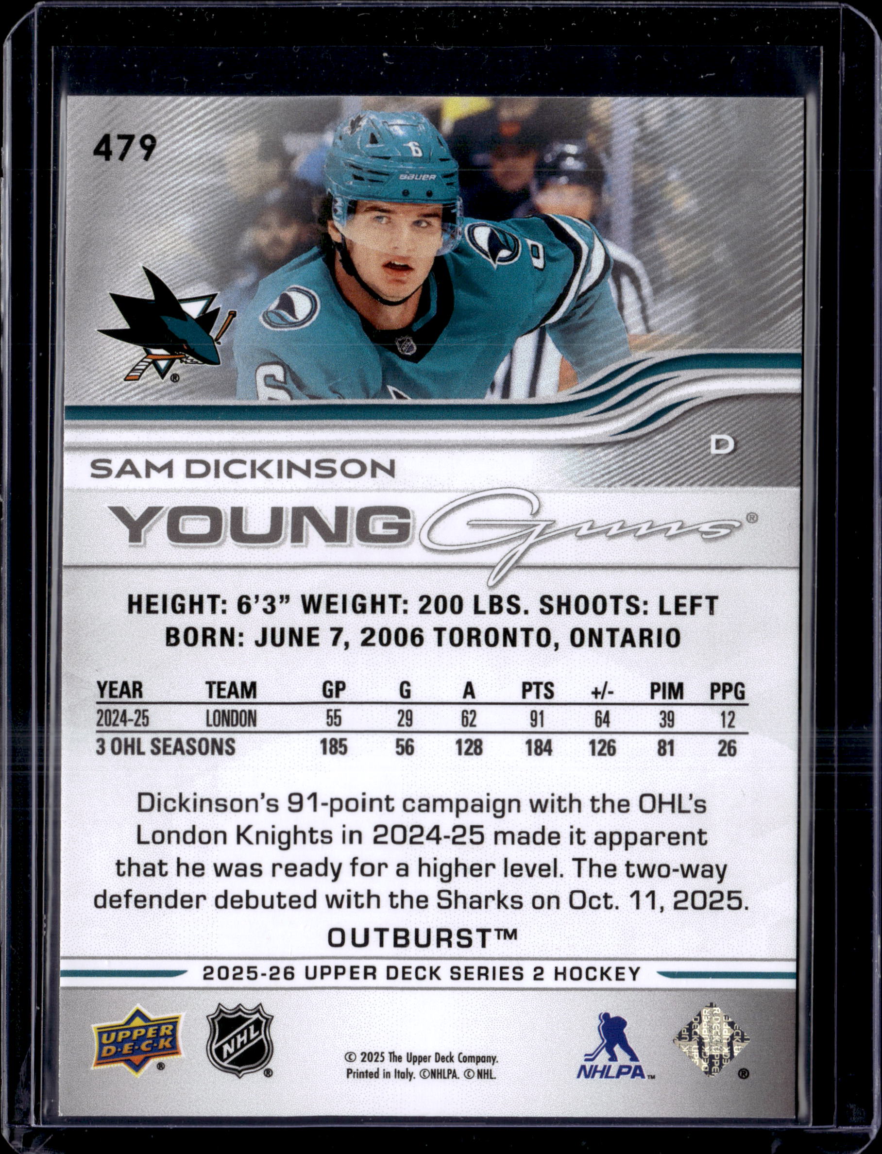 2025-26 Upper Deck Outburst Young Guns Sam Dickinson