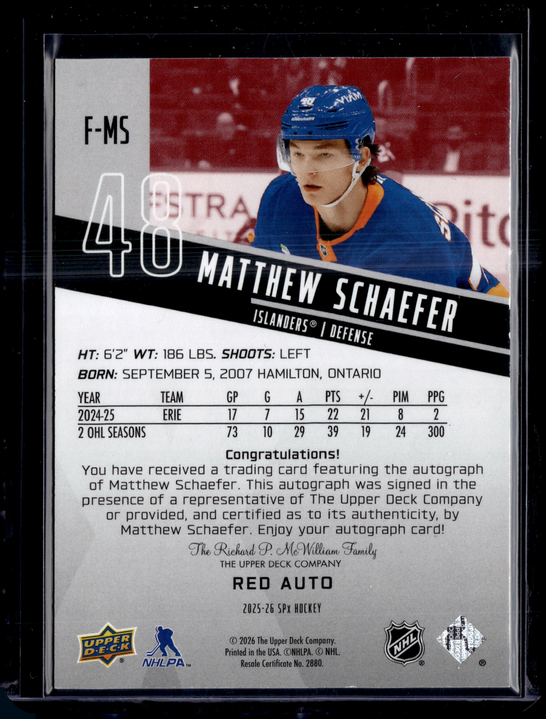 2025-26 Upper Deck SPx Matthew Schaefer #F-MS Red Auto /25