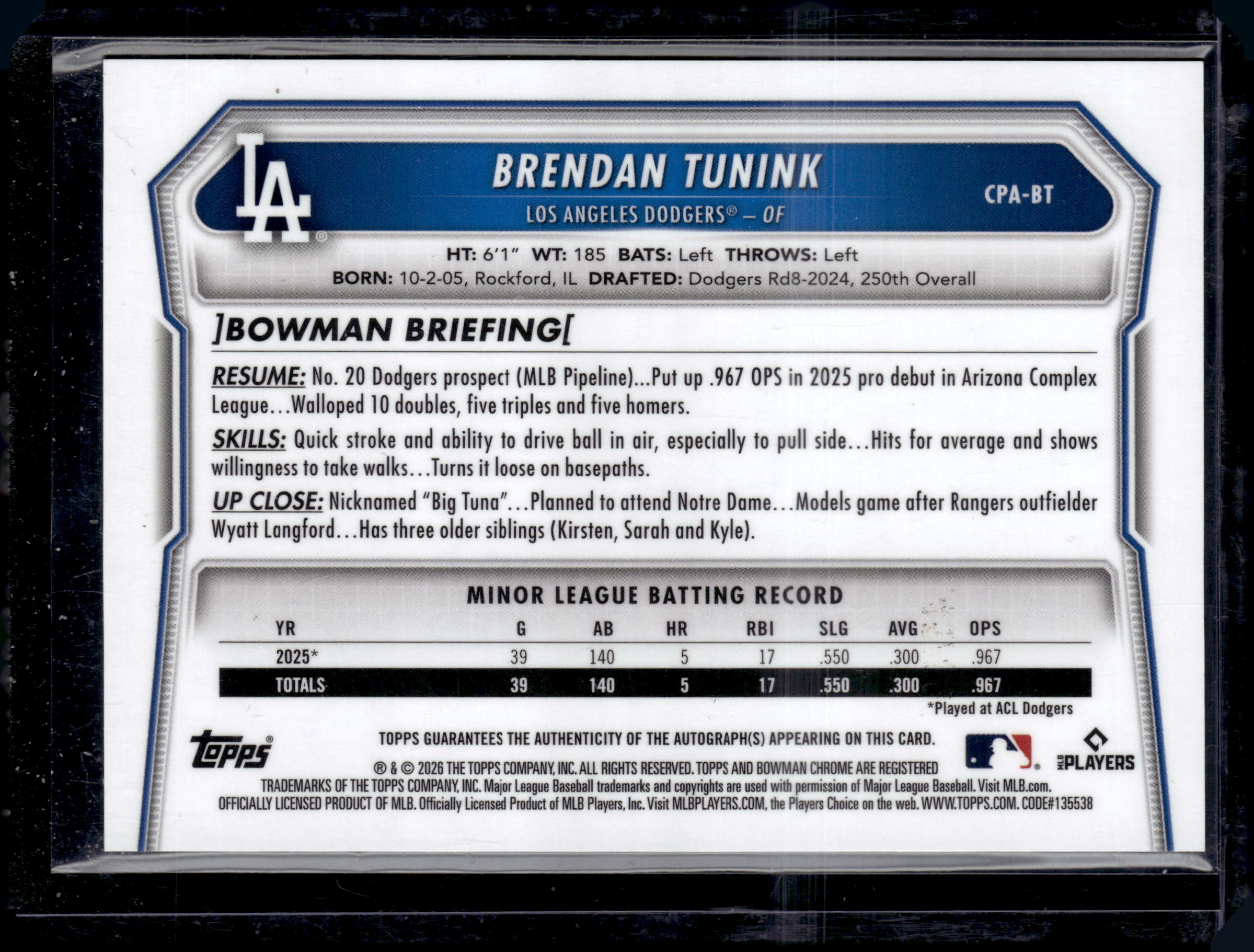 2026 Bowman Brendan Tunink Chrome Auto PackFractor Variation 1st #/89