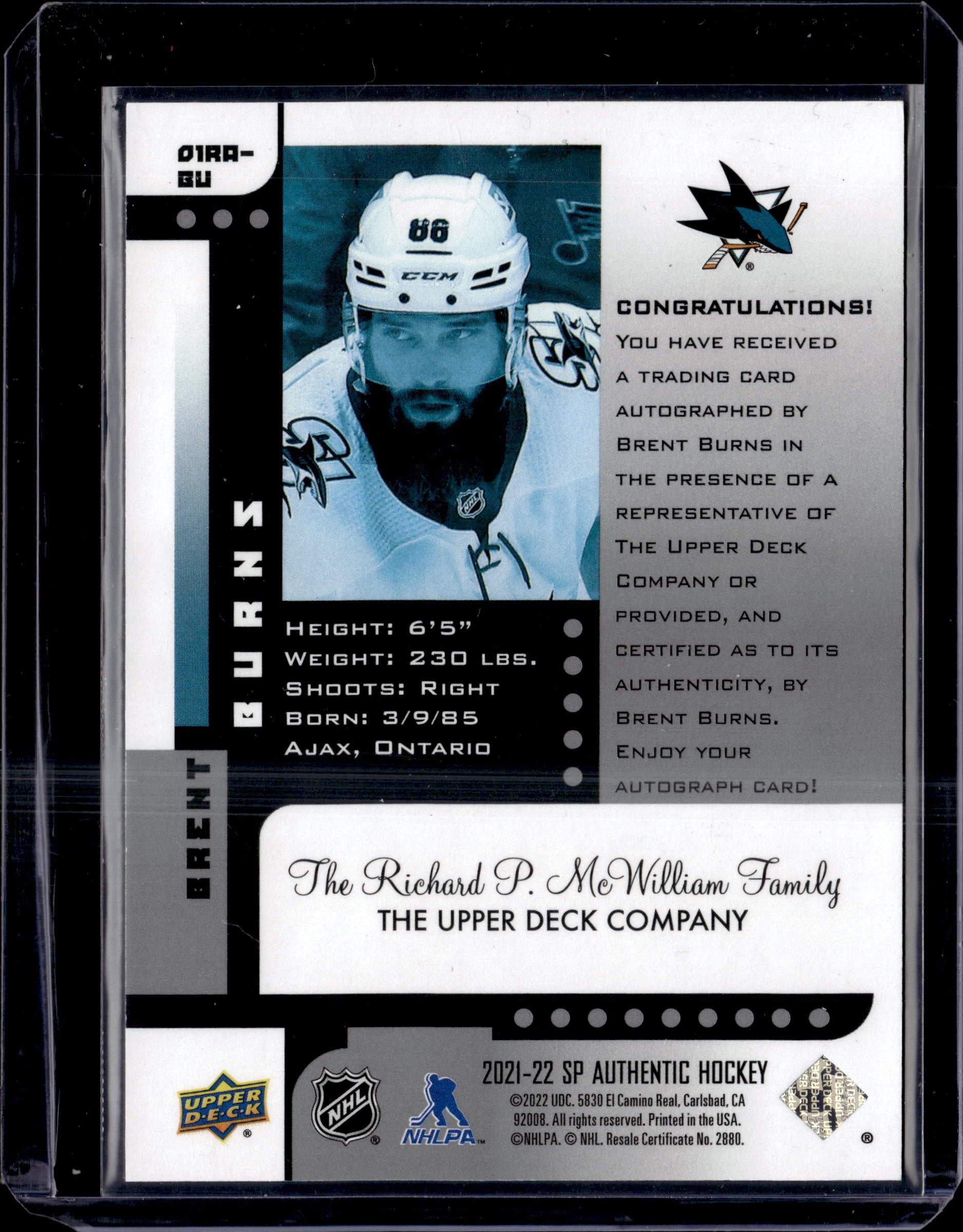2021-22 SP Authentic Retro Brent Burns Auto /25